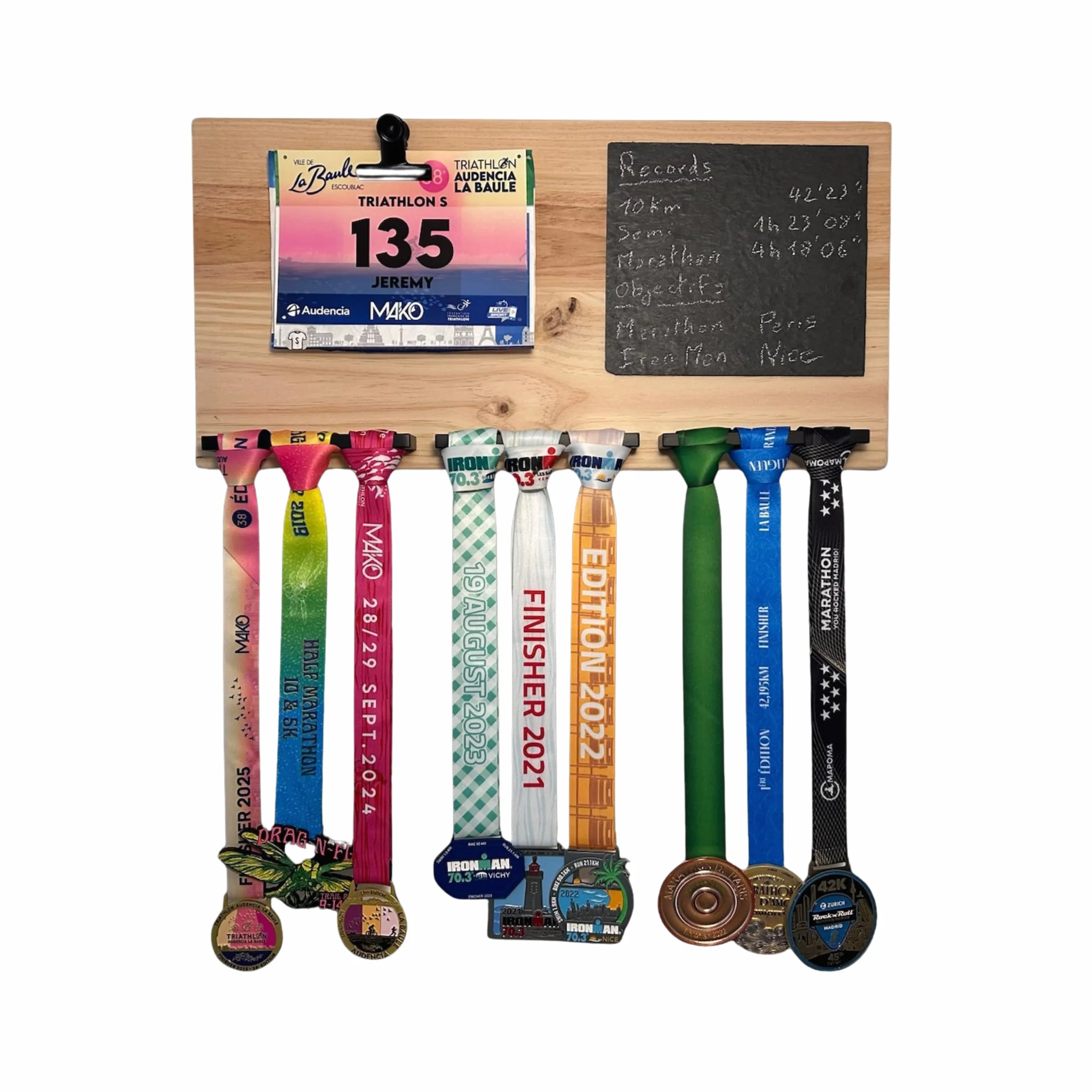 Support Médailles Porte Dossards Bois Massif Fait Main Cadeau Triathlon Marathon Finisher Wall