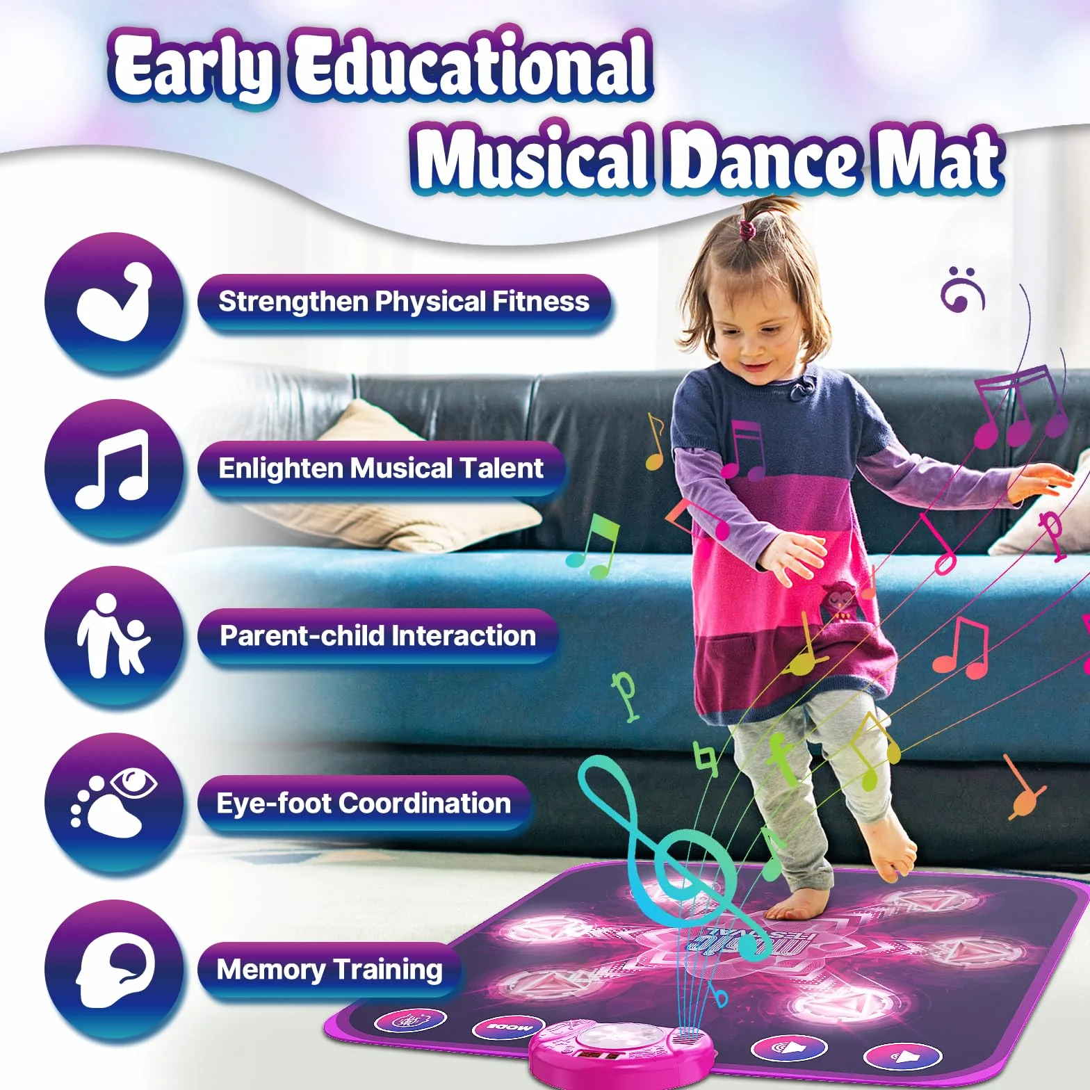 Tapis de Danse Musical pour Enfants avec 6 Flèches LED, 5 Modes de Jeu, Cadeau Anniversaire Noël 3-10+