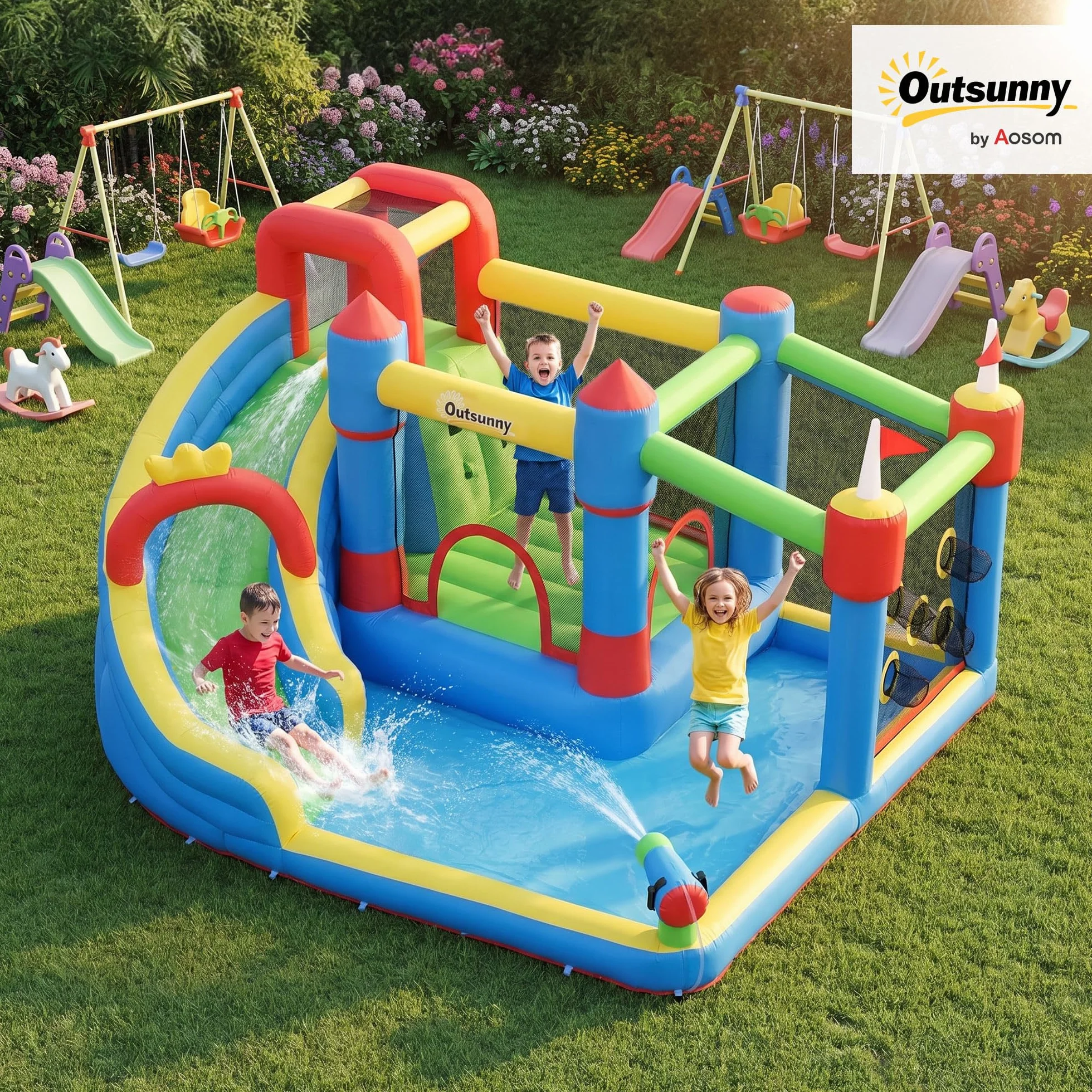 Outsunny Château Gonflable 6 en 1 Aire de Jeux avec Toboggan Trampoline Piscines 390 x 300 x 197 cm Multicolore