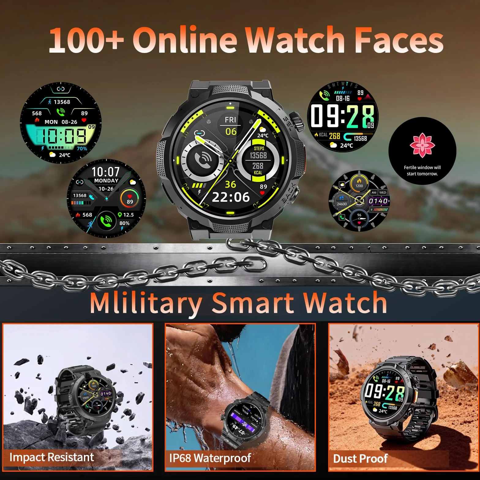 Soudorv Montre Connectée Homme Militaire Smartwatch LED Lampe 1000mAh 1.53" HD Appels Bluetooth Fréquence Cardiaque Sommeil Etanche IP68 Noir