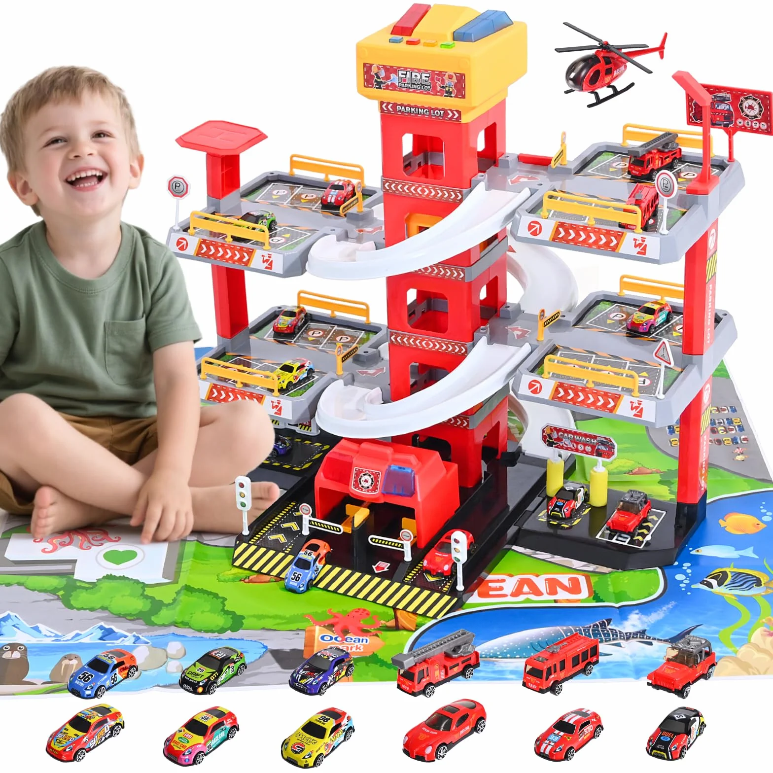 Circuit Voiture Enfant Camion Pompier, Garage Voiture 5 Niveaux Ascenseur Électrique, Parking Jouet Son et Lumière, 12 Voitures et 1 Hélicoptère, 3-9 Ans
