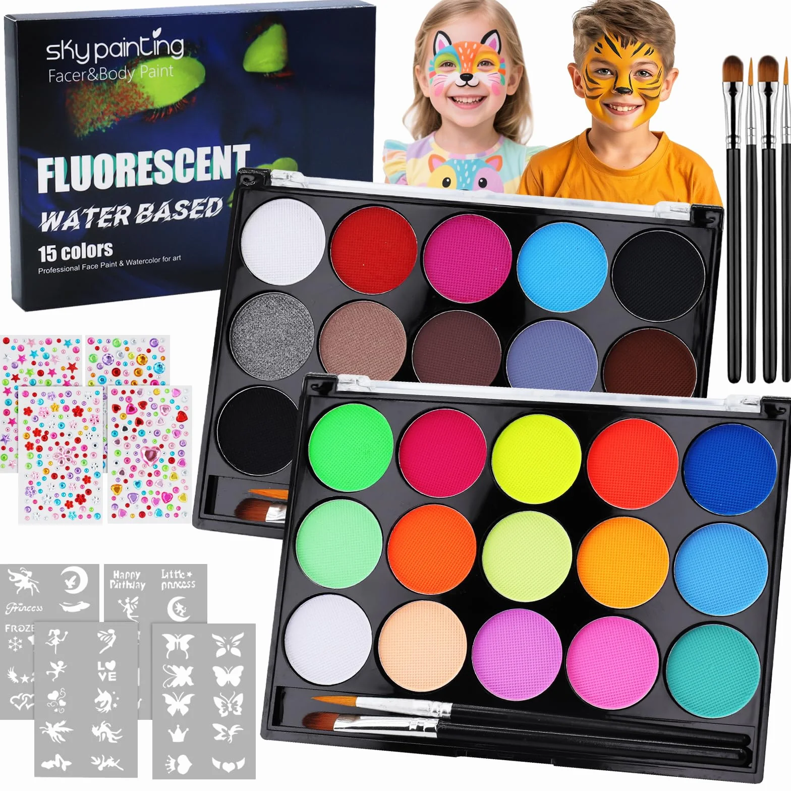 Peinture Corporelle Visage 30 Couleurs Palette Maquillage Enfants avec 4 Pinceaux 40 Pochoirs Bodypainting Halloween Noël Carnaval