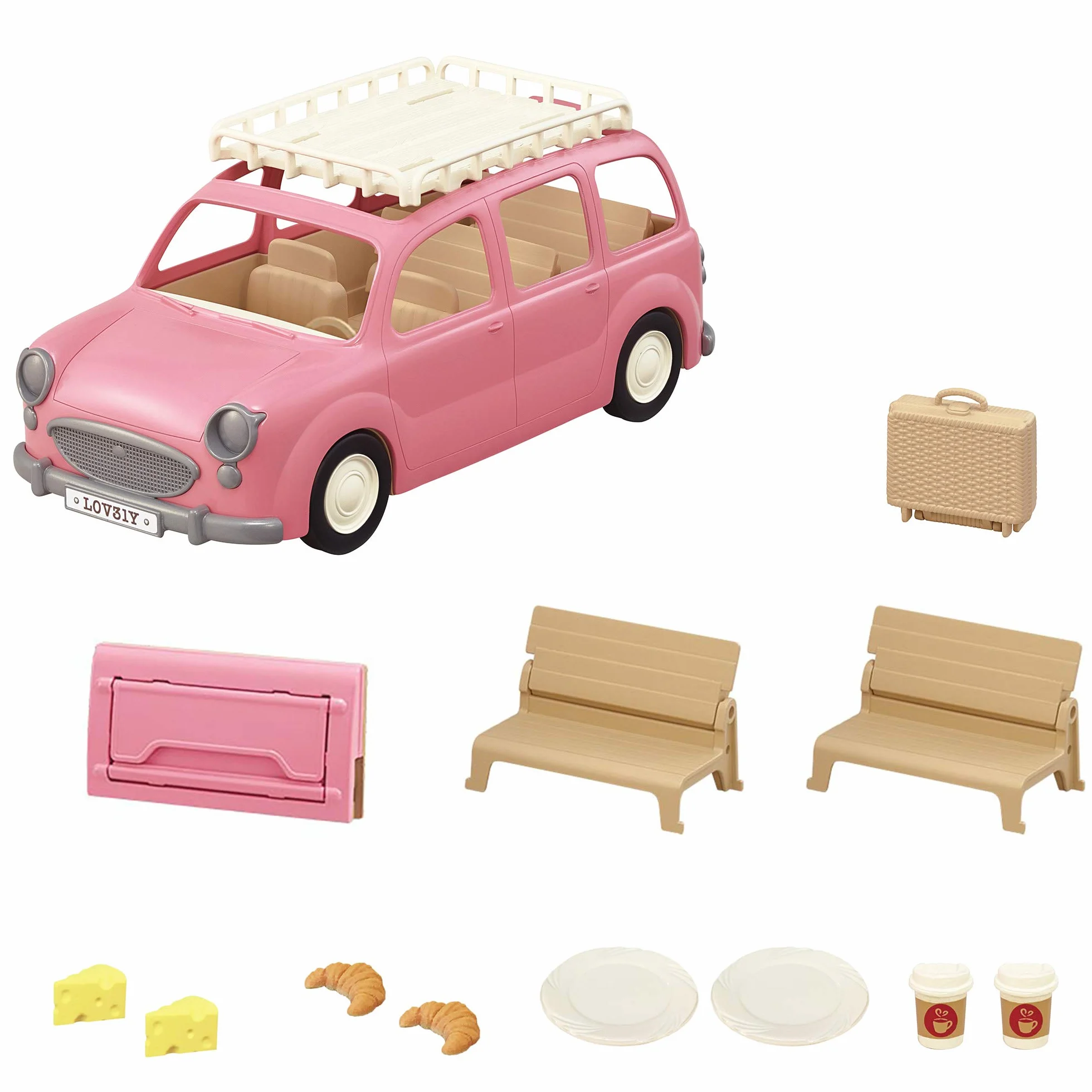 Sylvanian Families Le monospace rose et set de pique-nique 13 accessoires Figurines animaux miniatures Jouet enfant 3 ans et +