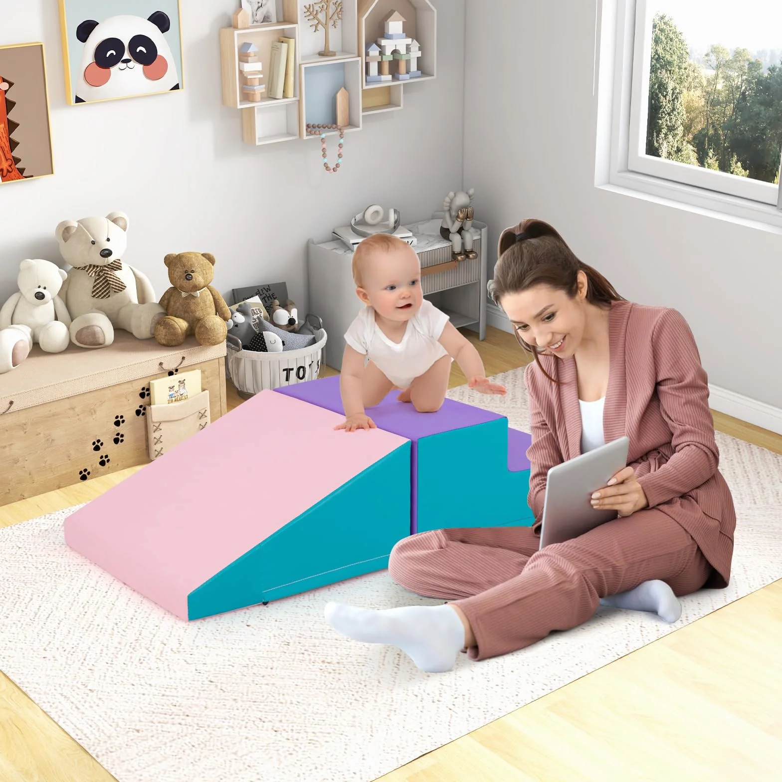 GOPLUS Parcours Motricité Bébé Mousse Escalier Toboggan Enfant 6 Mois-3 Ans Rose Bleu