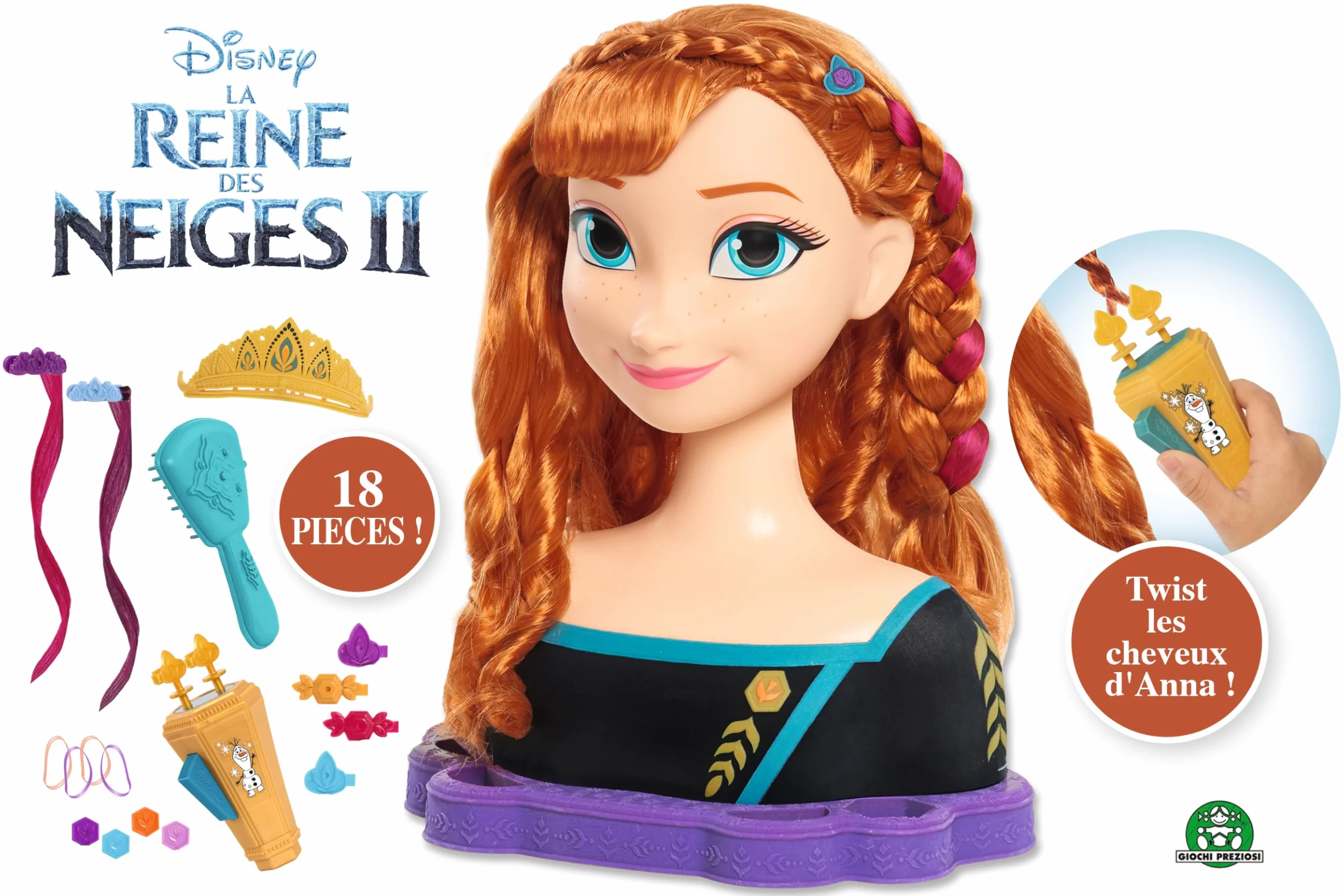 Disney LA REINE DES NEIGES 2 Anna Tête à Coiffer Deluxe 18 Accessoires de Coiffure Jouet Enfants 3 Ans