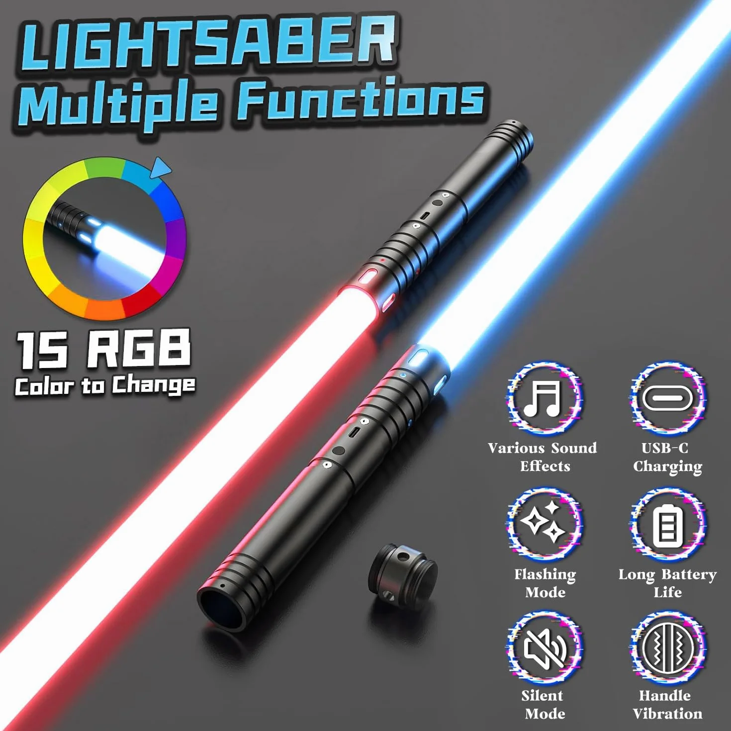 Sabre Laser Enfant 2 en 1 15 Couleurs 4 Modes Sons USB-C Noir
