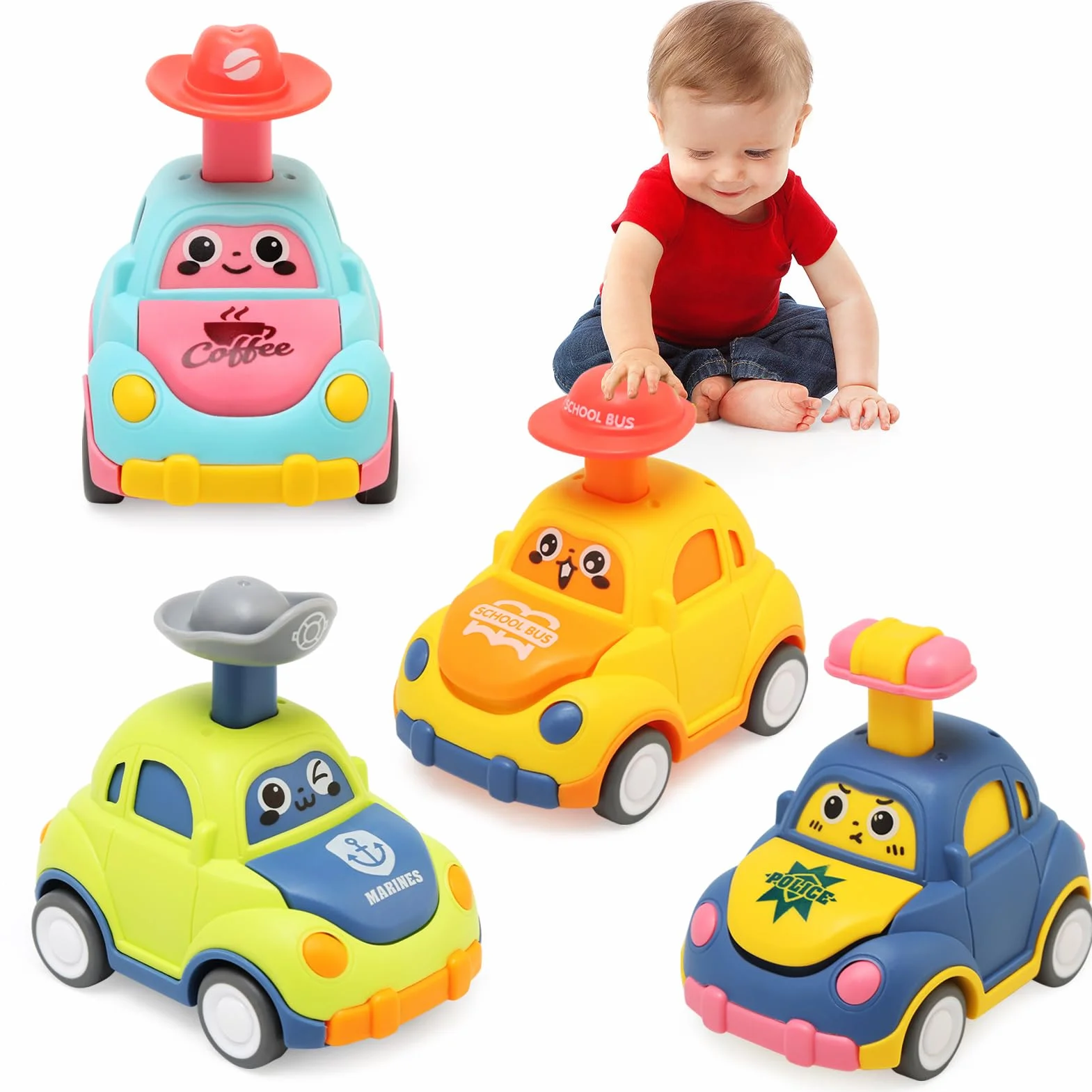 Jouet de Voiture Enfant 4 Pièces Mini Friction Véhicules Éducatifs 1-5 Ans Garçons Filles