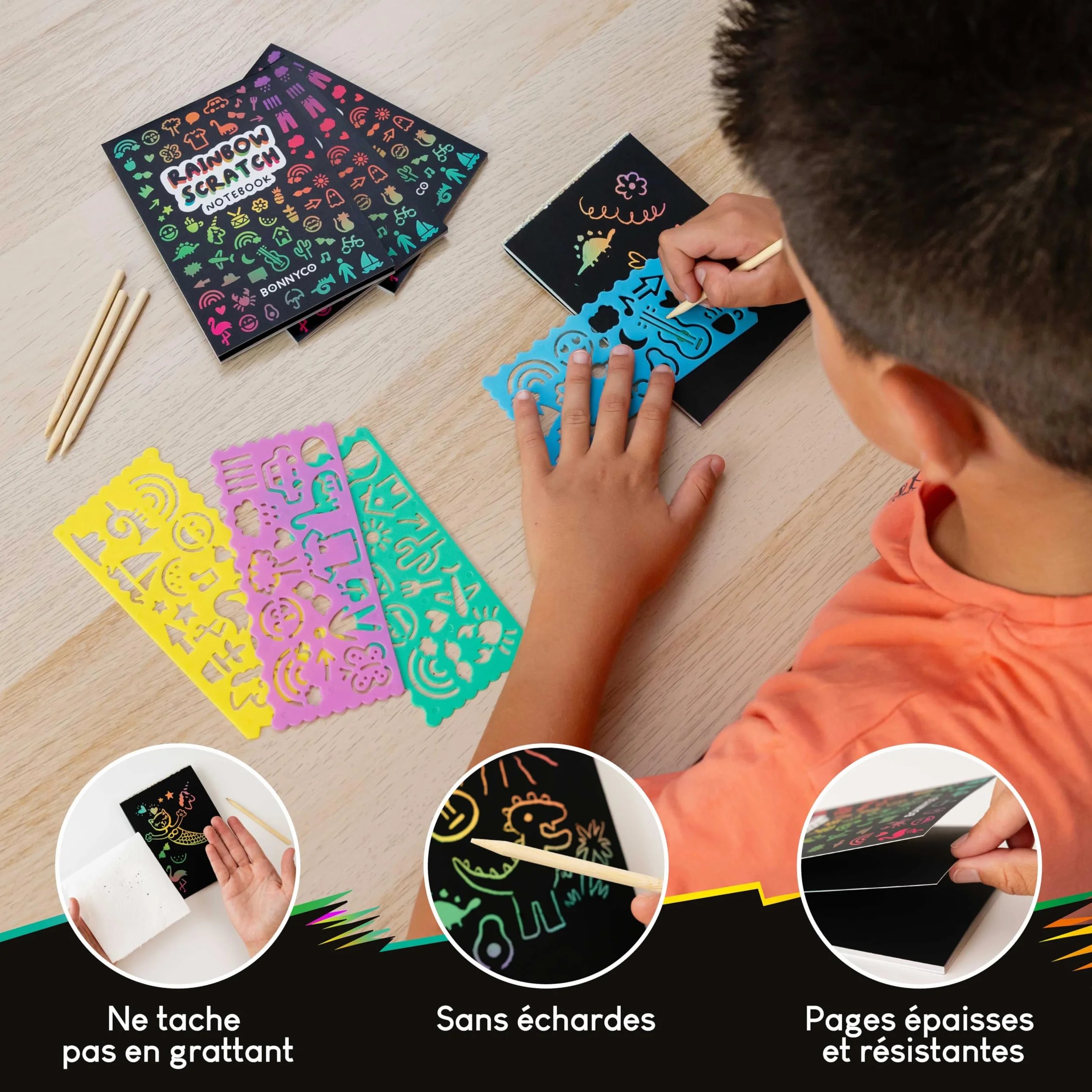 BONNYCO Carte a Gratter Enfant 16 Sets avec Carnet, Pochoir et Stylet en Bois