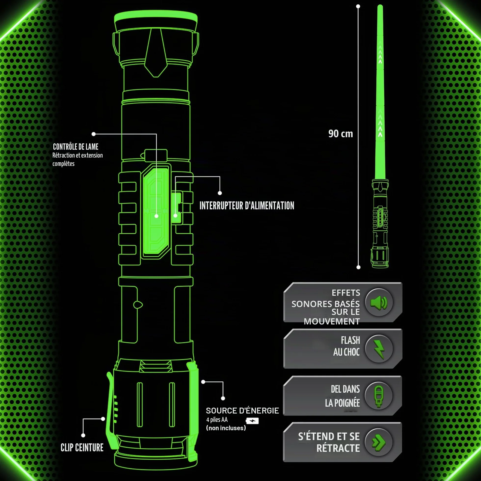 Sabre Laser pour Enfants Extensible Rétractable Automatiquement 30cm 89 cm Lumineux Réaliste Vert
