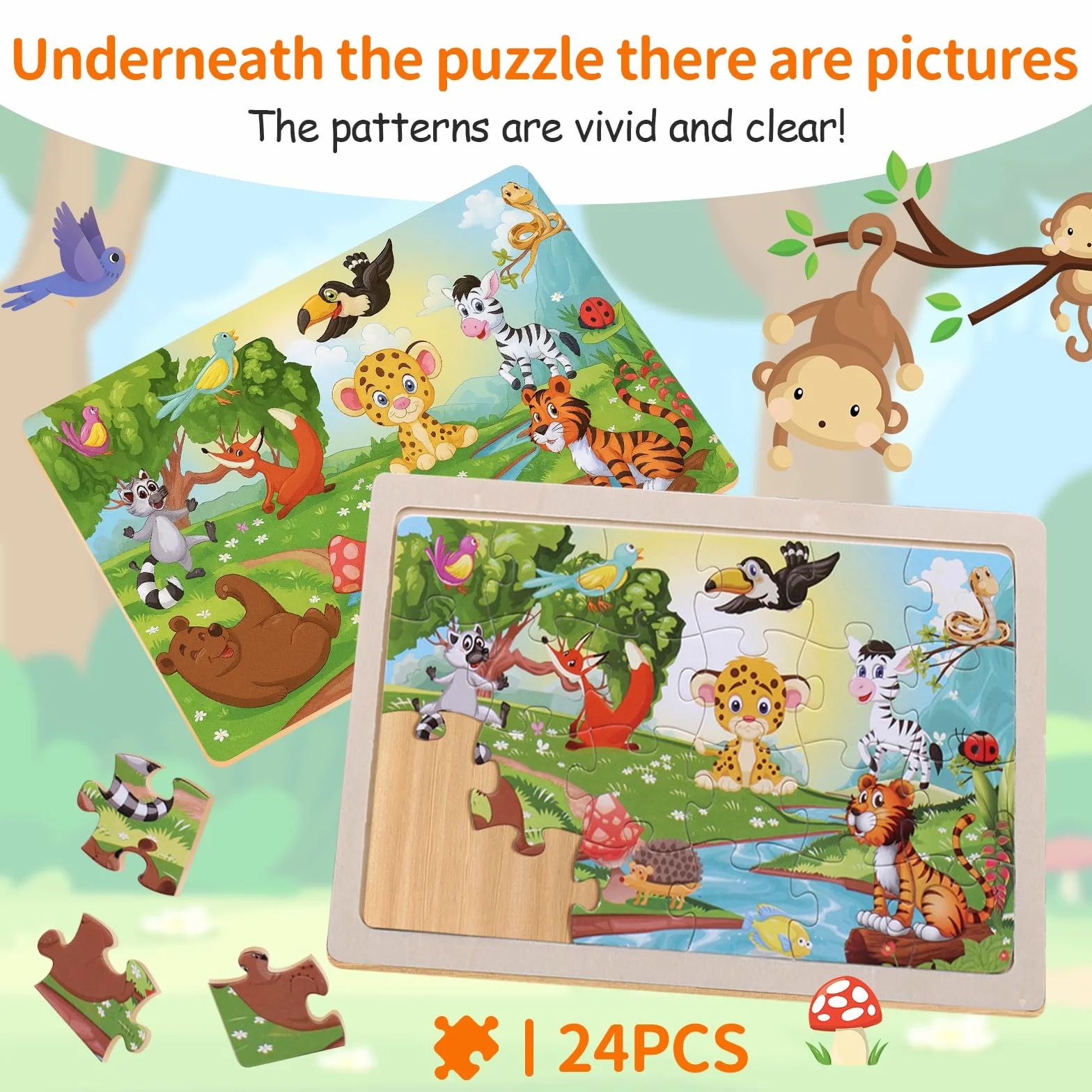 Puzzle Enfant 3 Ans 5 X 24 Pièces Bois Animaux Jouet Educatif Préscolaire pour Garçons Filles