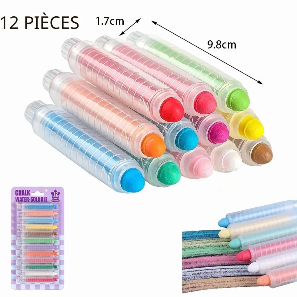 Craies de Couleur Lavables Hydrosolubles 12 Pièces avec Porte-Craie Rétractile pour Tableau Noir