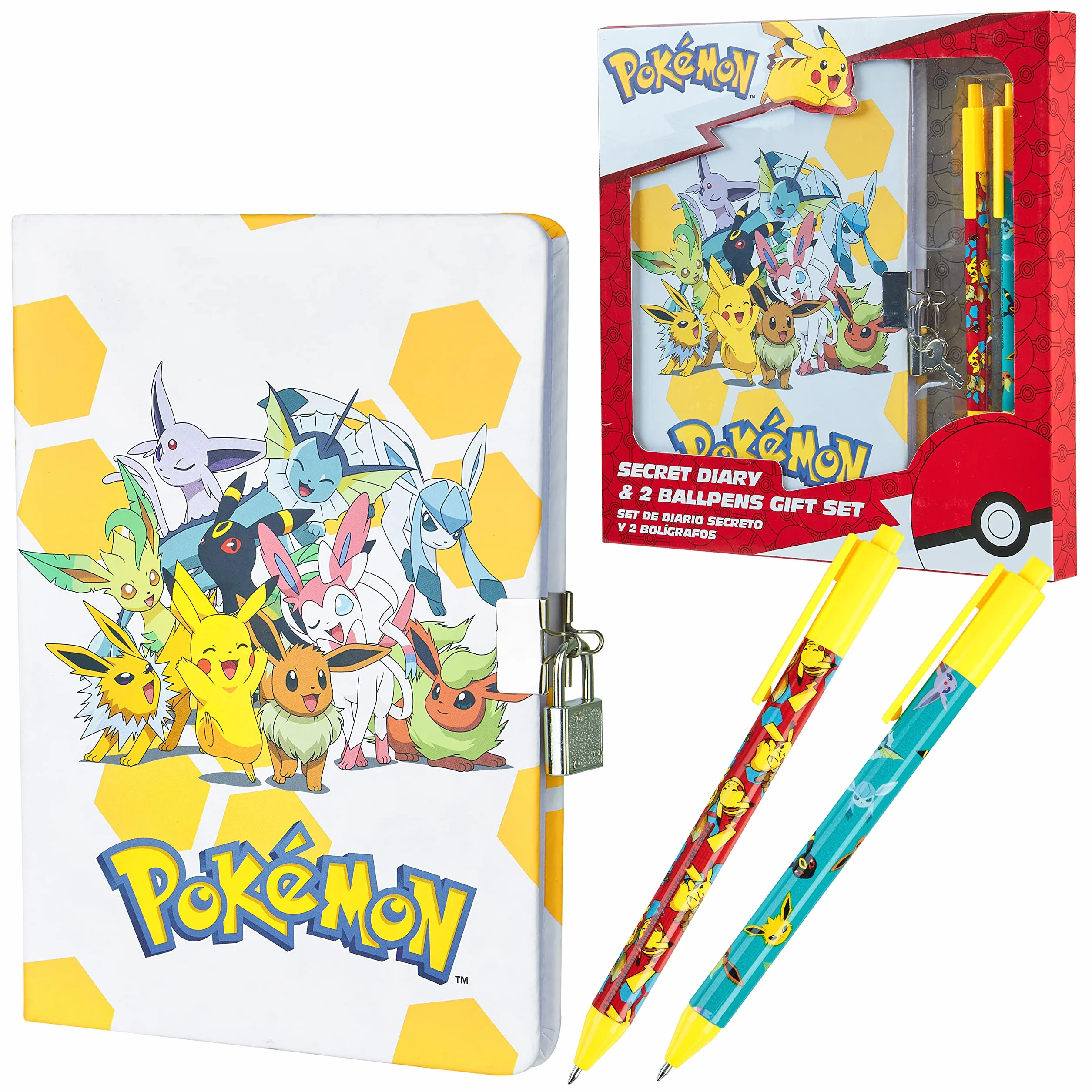 Pokémon Ensemble de Fournitures de Papeterie – Journal Avec Cadenas, Carnet, Trousse, Stylos Jaune/Blanc