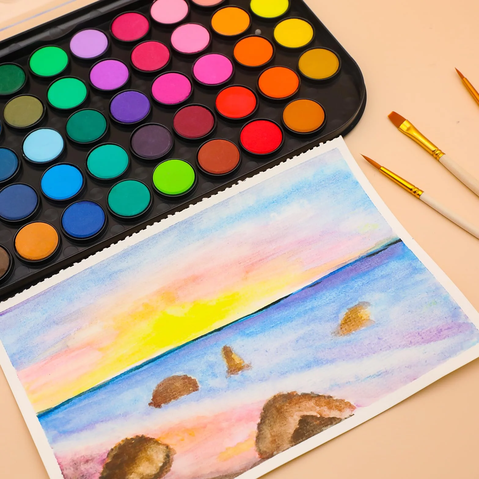 Artecho Ensemble de peinture aquarelle 48 couleurs avec pinceau à eau et pinceau classique