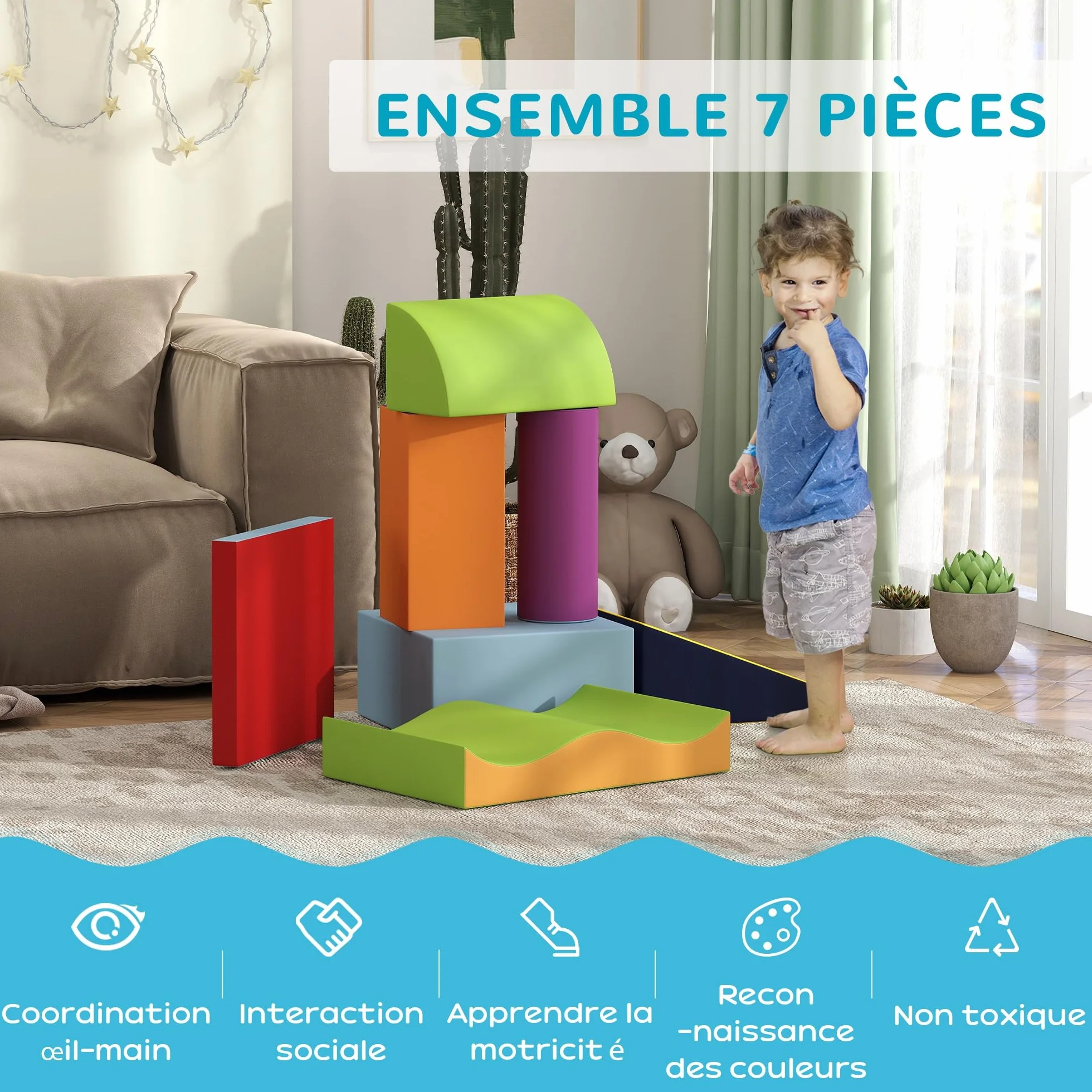 HOMCOM Parcours motricité bébé 7PCS Blocs Construction Mousse EPE Housse polyuréthane Jouets éducatifs Enfants Multicolore