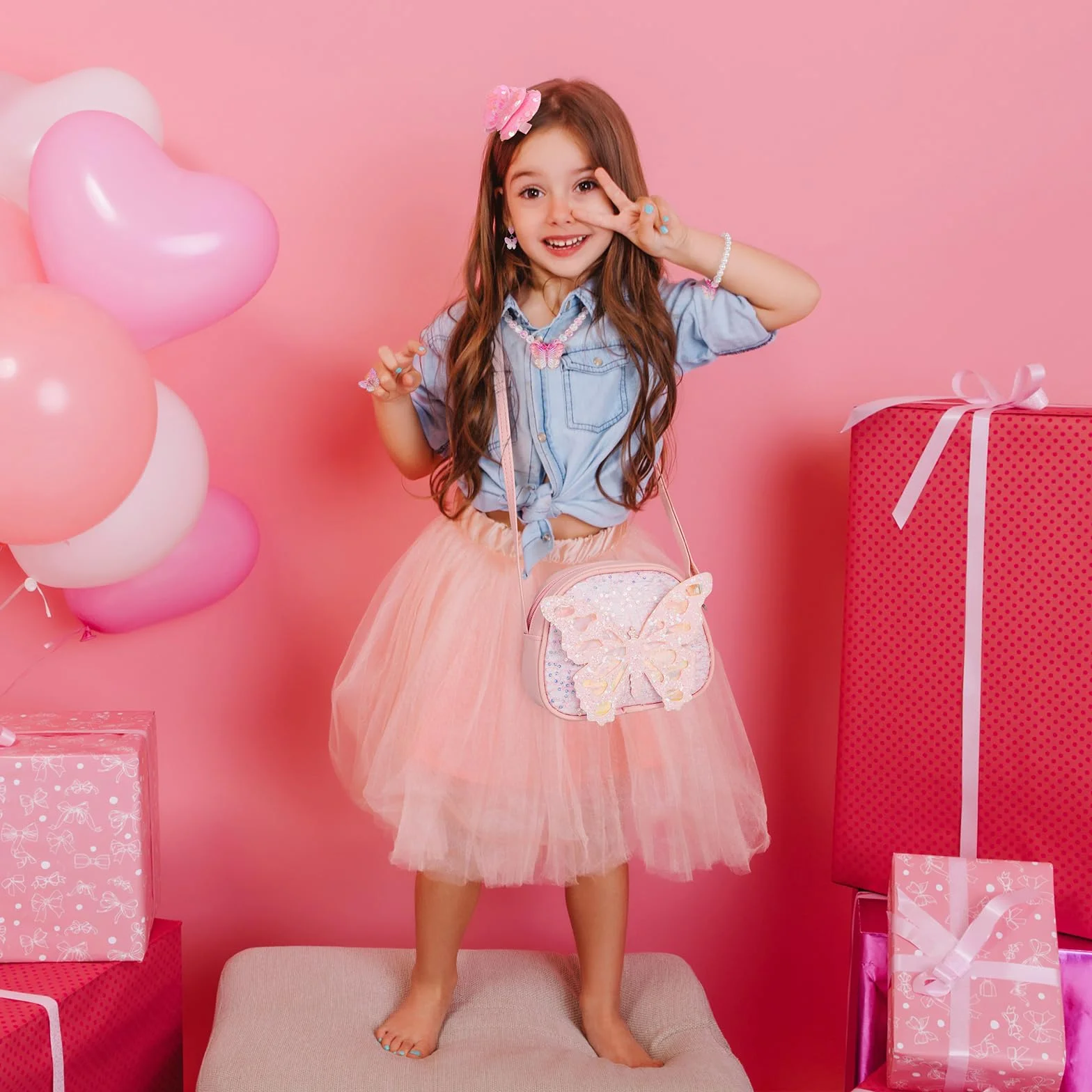Sac à Main Bijoux Enfants Fille Papillon Colliers Bracelets Boucles d'oreilles Bagues Épingles à Cheveux avec Sac Bandoulière Princesse Accessoires Cadeaux de fête