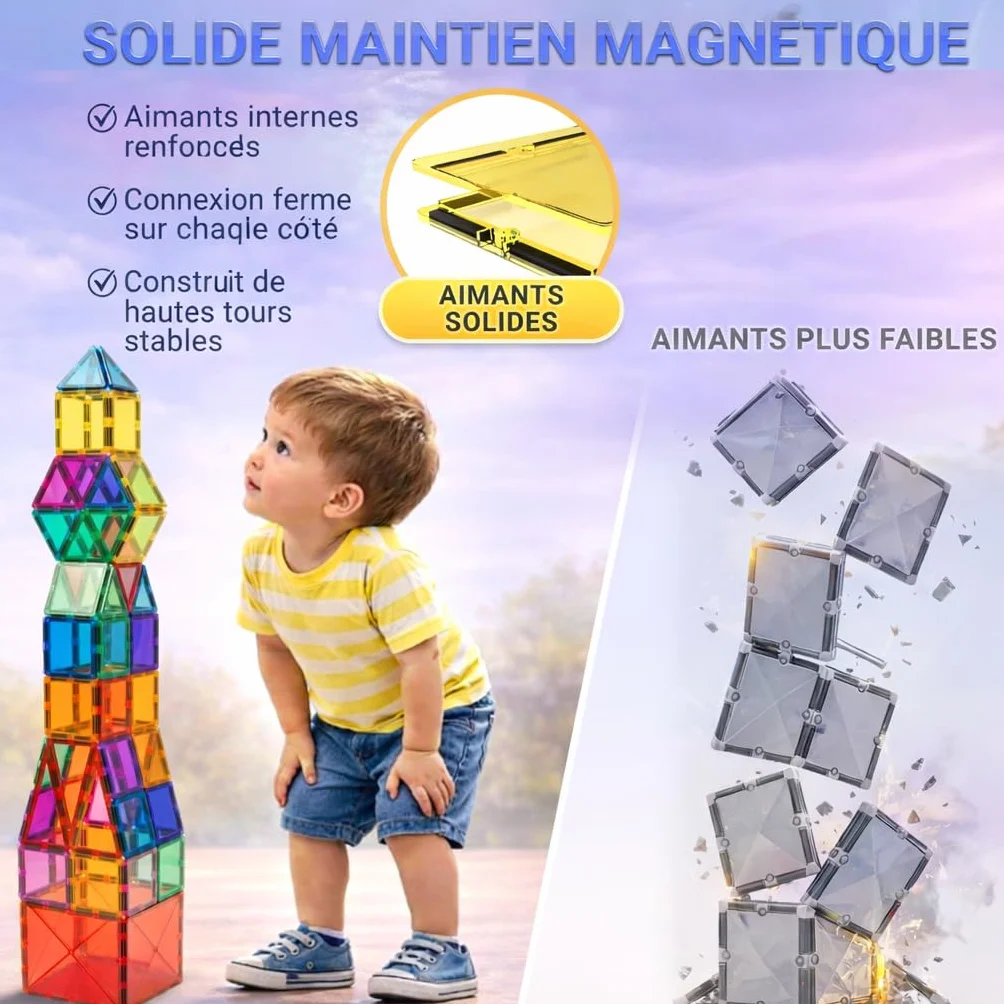 Jeu de Blocs de Construction Magnétiques 57 Pièces STEM Montessori Enfants 3 Ans