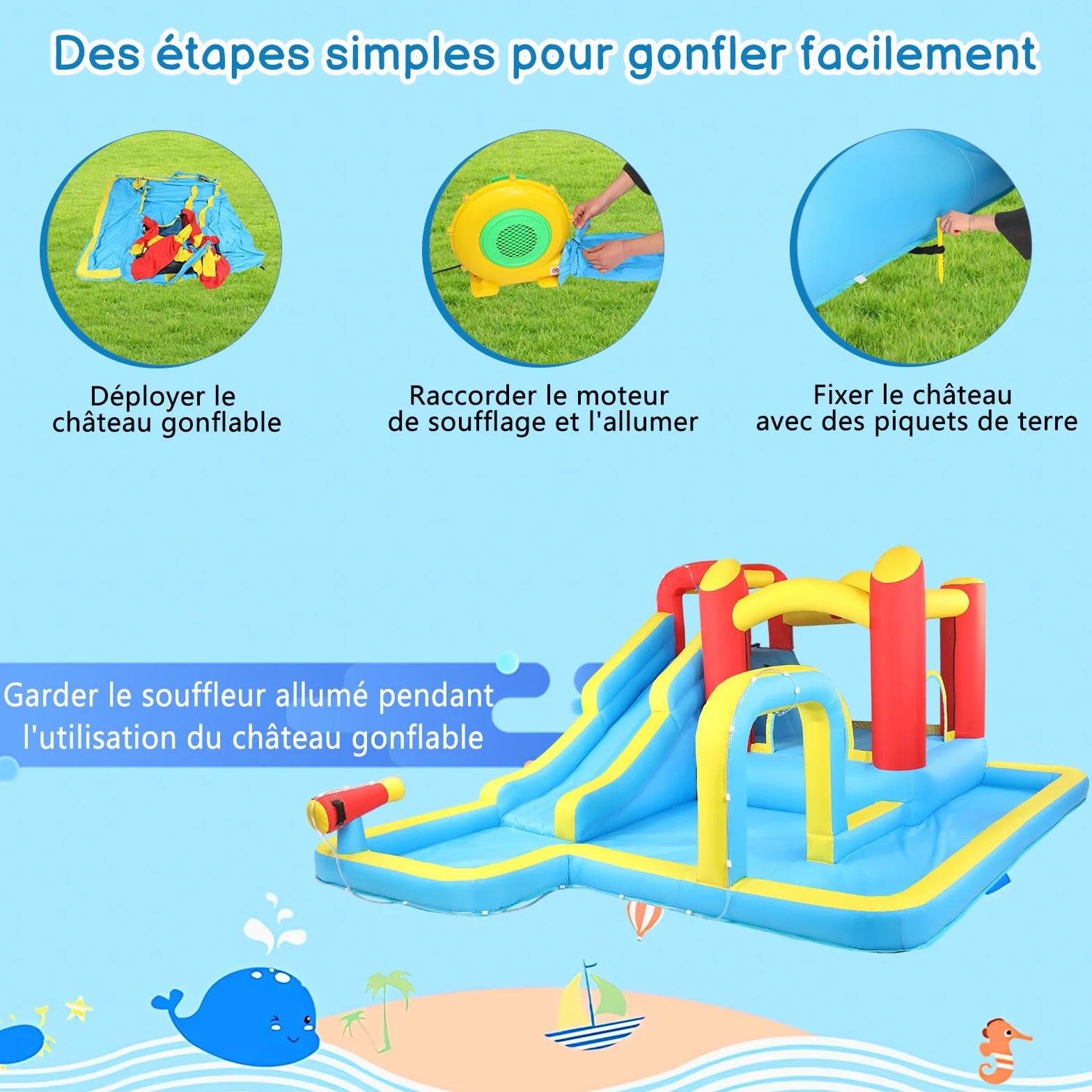 Château Gonflable Enfant avec Piscine et Toboggan, Aire de Jeux Gonflable 465x365x195 cm