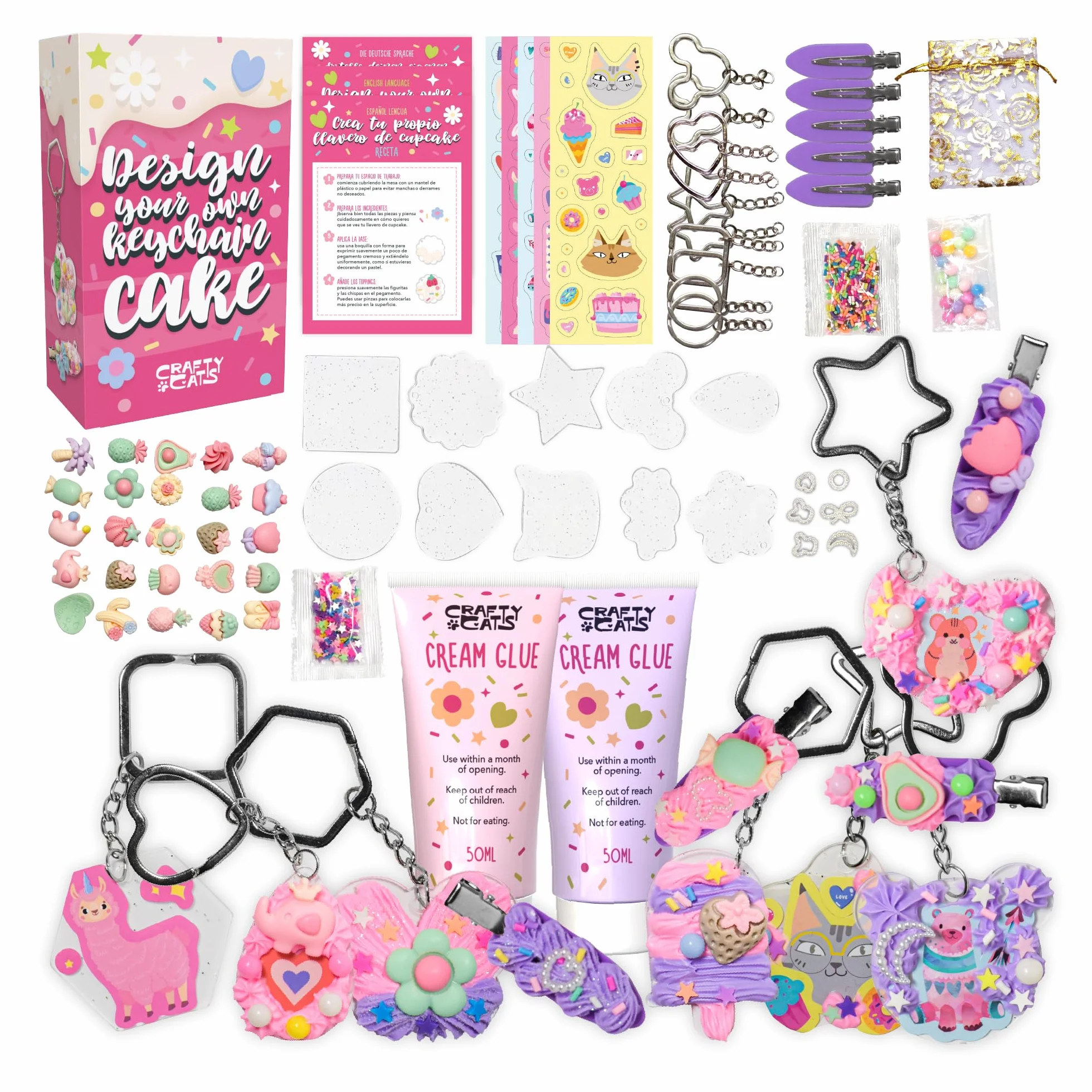 CRAFTY CATS DIY Kit Porte-clés Cupcake et Barrettes 60 pièces, colle crème, charms, anneaux, kits loisirs créatifs enfants