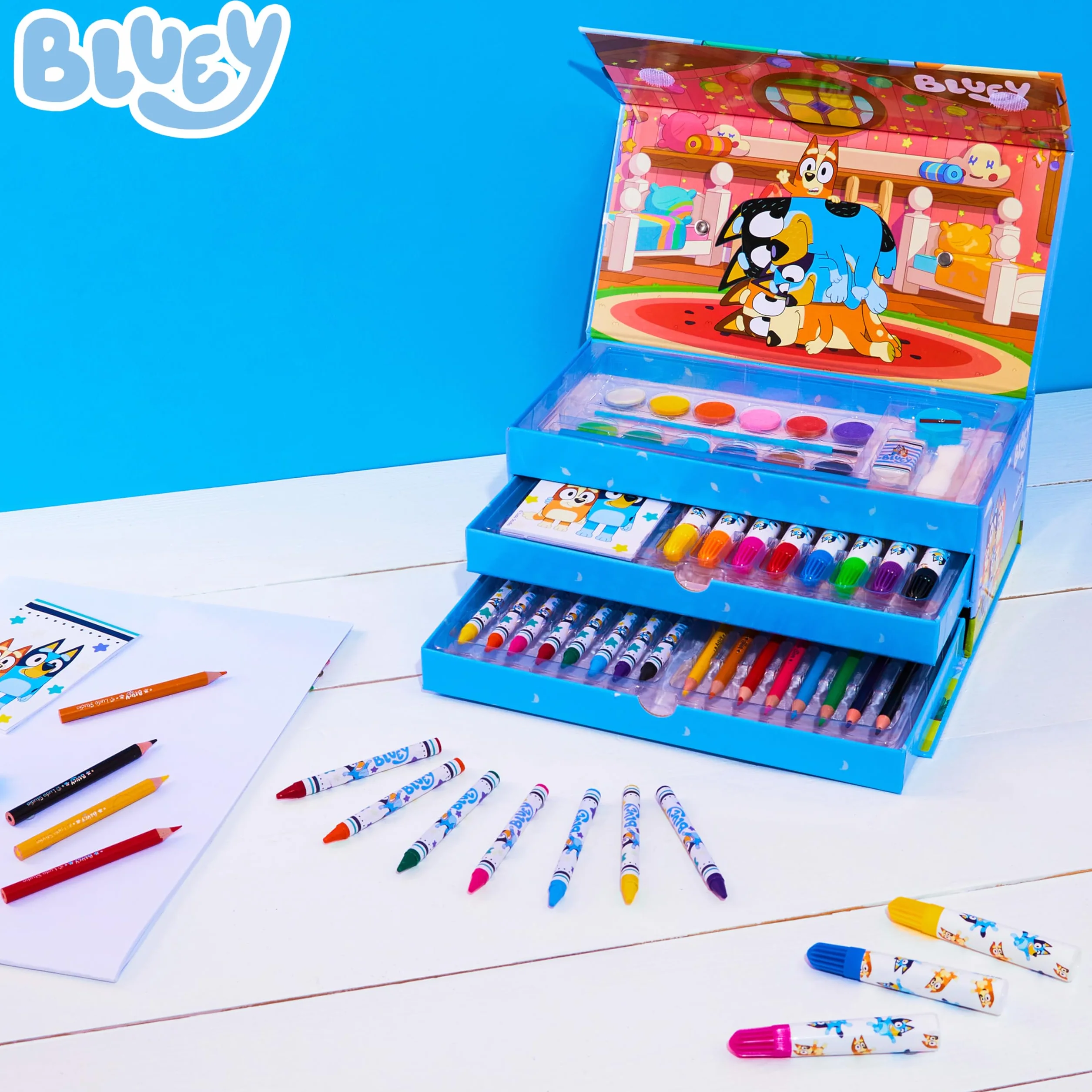 Bluey Coffret Peinture Enfant, Dessin, Coloriage, Crayon de Couleur et Cire, Feutres, Cadeau Enfant Bleu 3 Niveaux