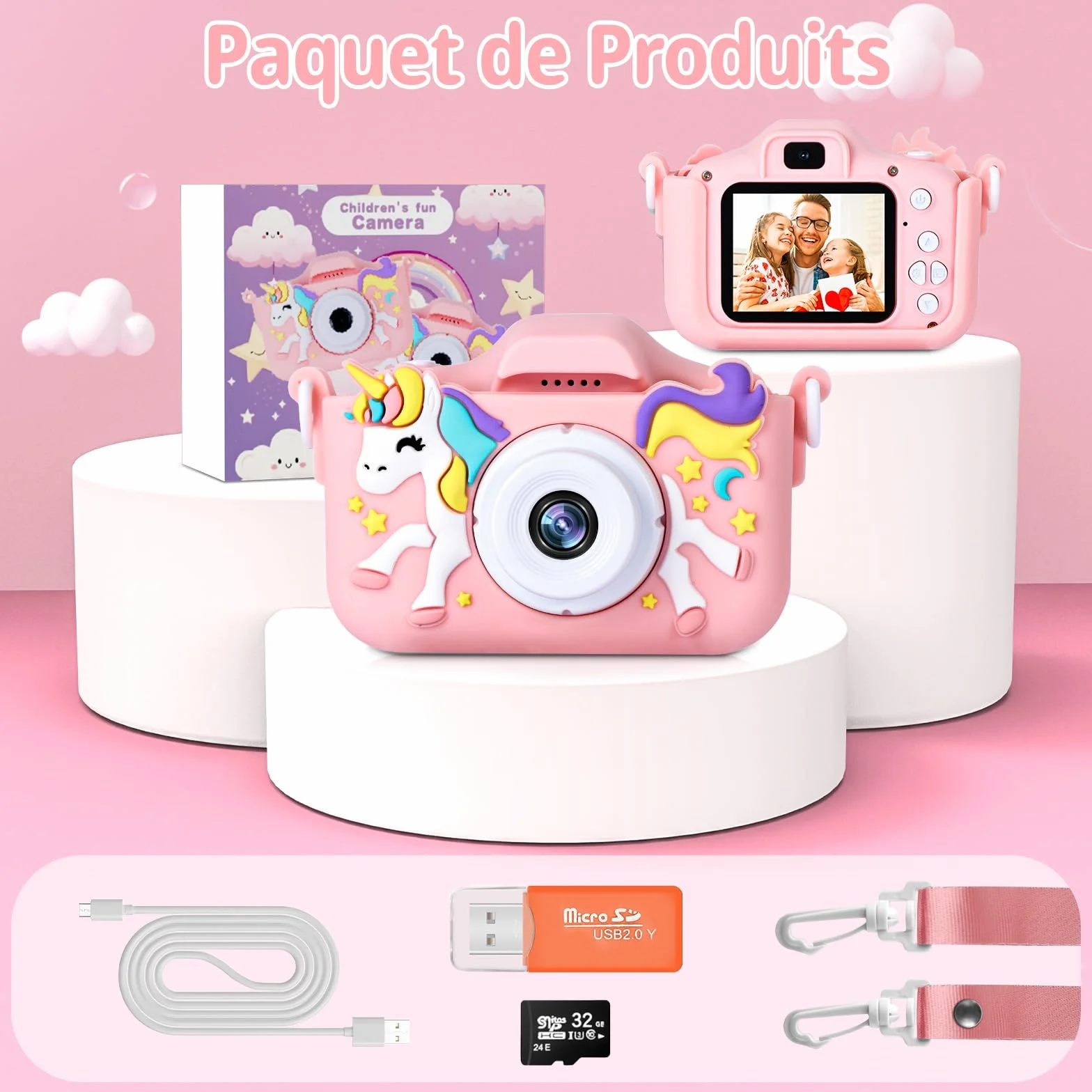 Appareil Photo Numérique Enfant 2,0" 1080p 32 Go Carte SD Selfie Rechargeable Caméscope Jouet Licorne