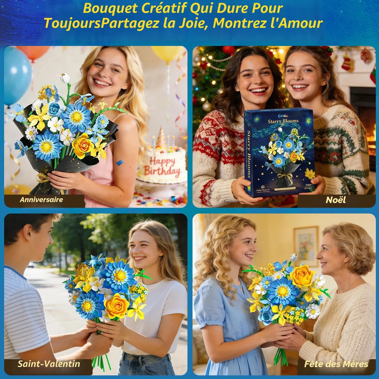 Starry Blooms Ensemble de Construction de Bouquet de Fleurs Compatible avec Lego Dahlia Roses pour Décor Maison