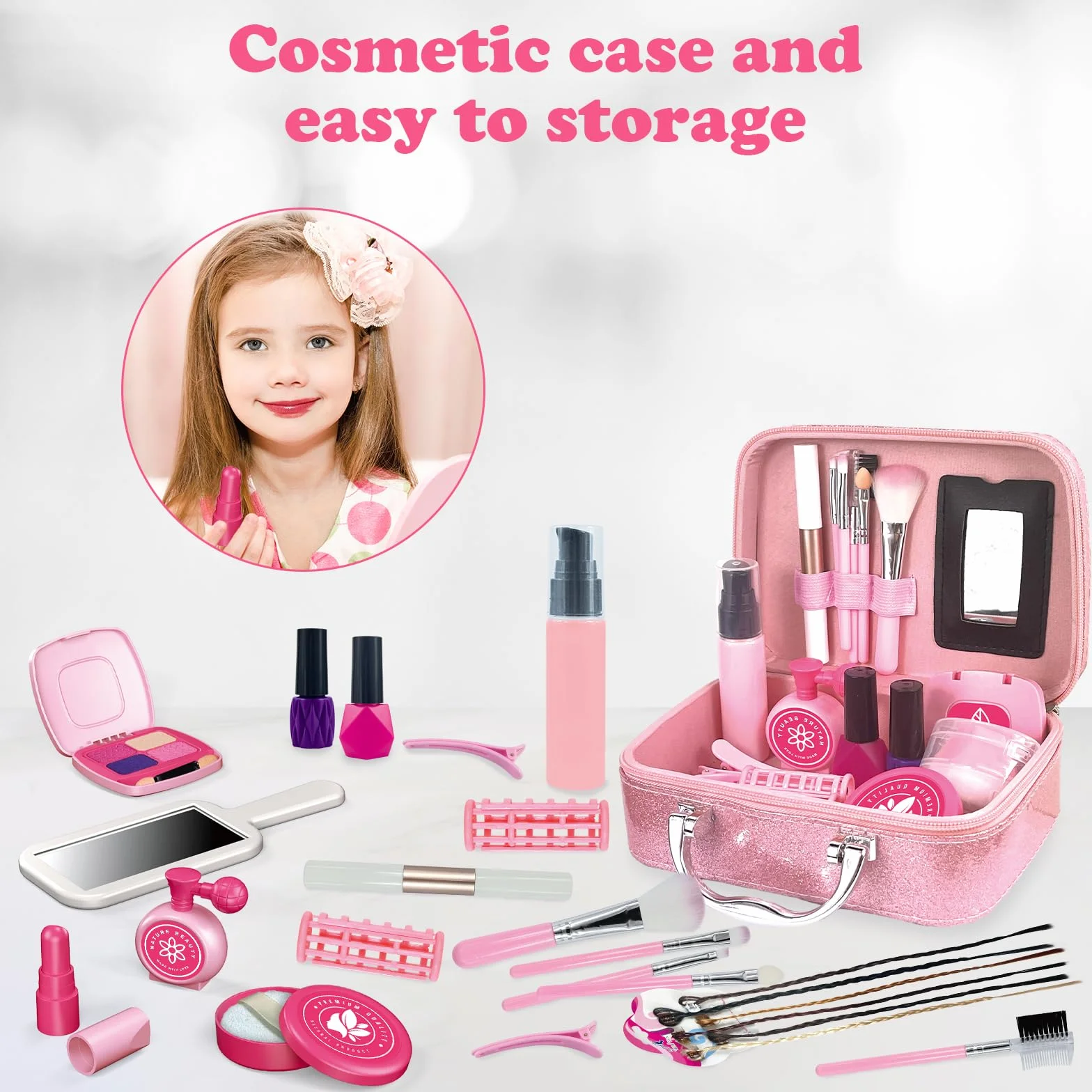 RedCrab Coiffeur et Trousse de Beauté pour Fille, 55 Pièces Jouets de Salon de Beauté avec Miroir, Seche-Cheveux, Lisseur Cheveux, Jeux de Rôle Enfants 3+