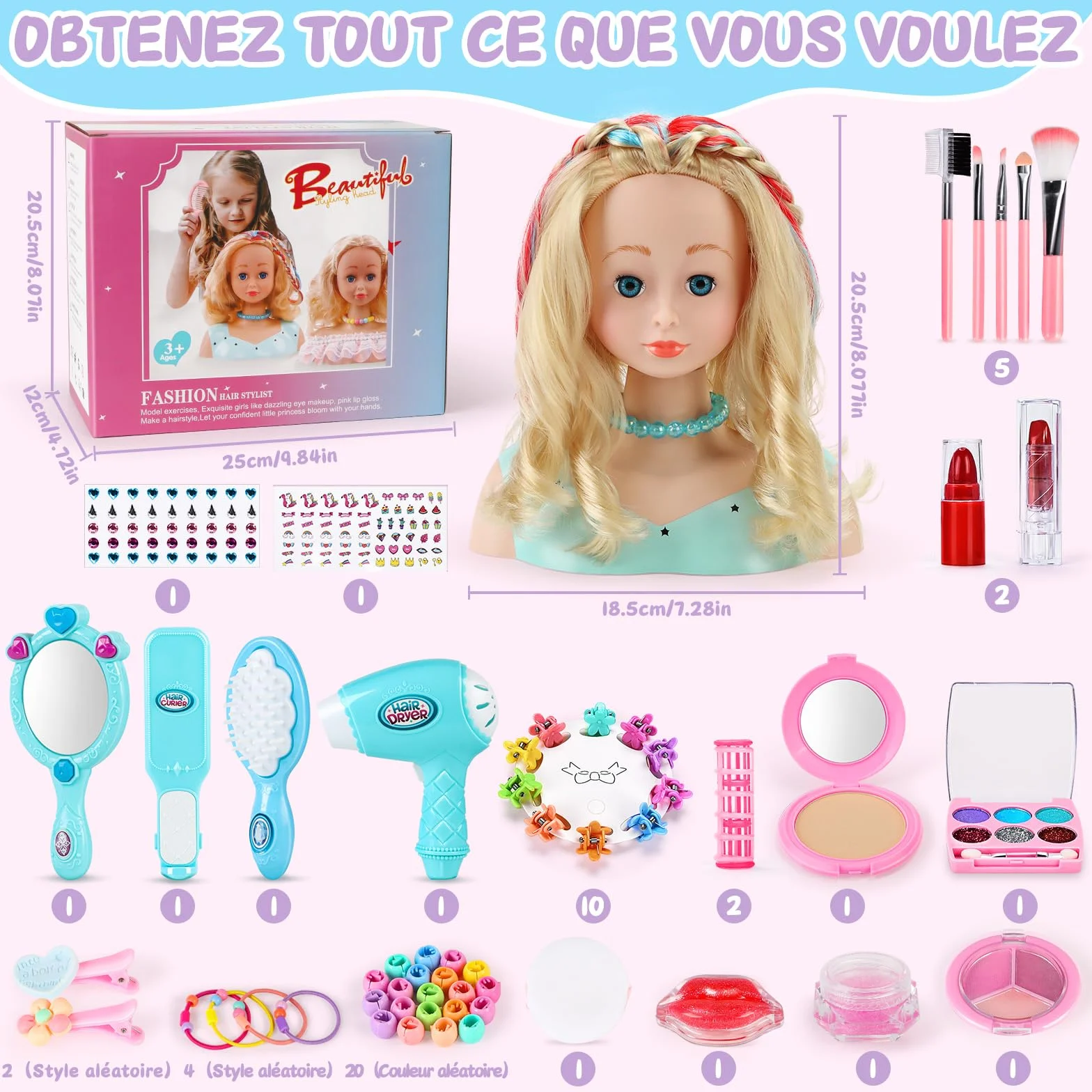 BuzzoXerex Têtes à Coiffer Enfant 58 Pièces Jouet de Maquillage et Coiffure Cadeau Anniversaire Noël 3 Ans Bleu