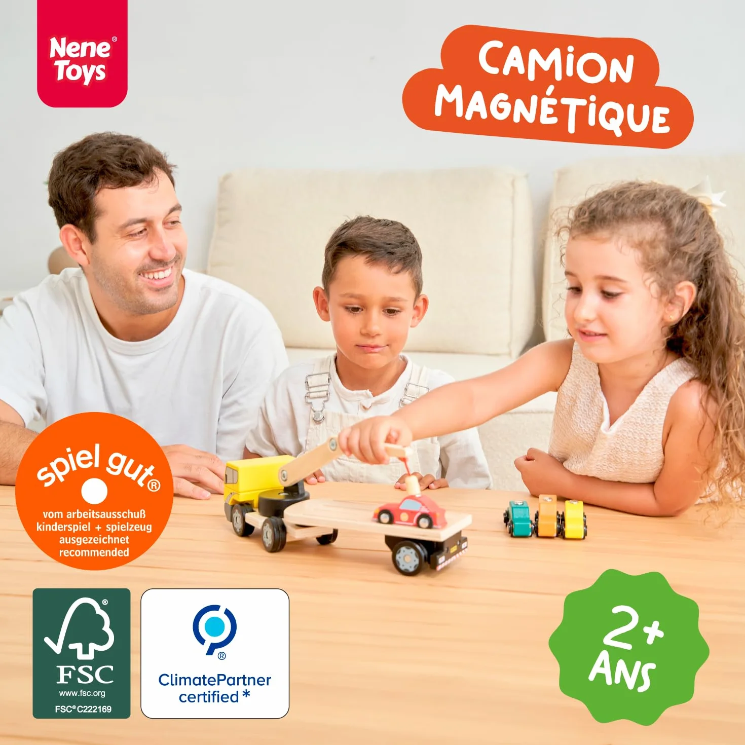 Camion Magnétique en Bois Nene Toys avec 4 Voitures et Grue – Jouet Montessori dès 2 Ans – Véhicules Interactifs Éducatifs