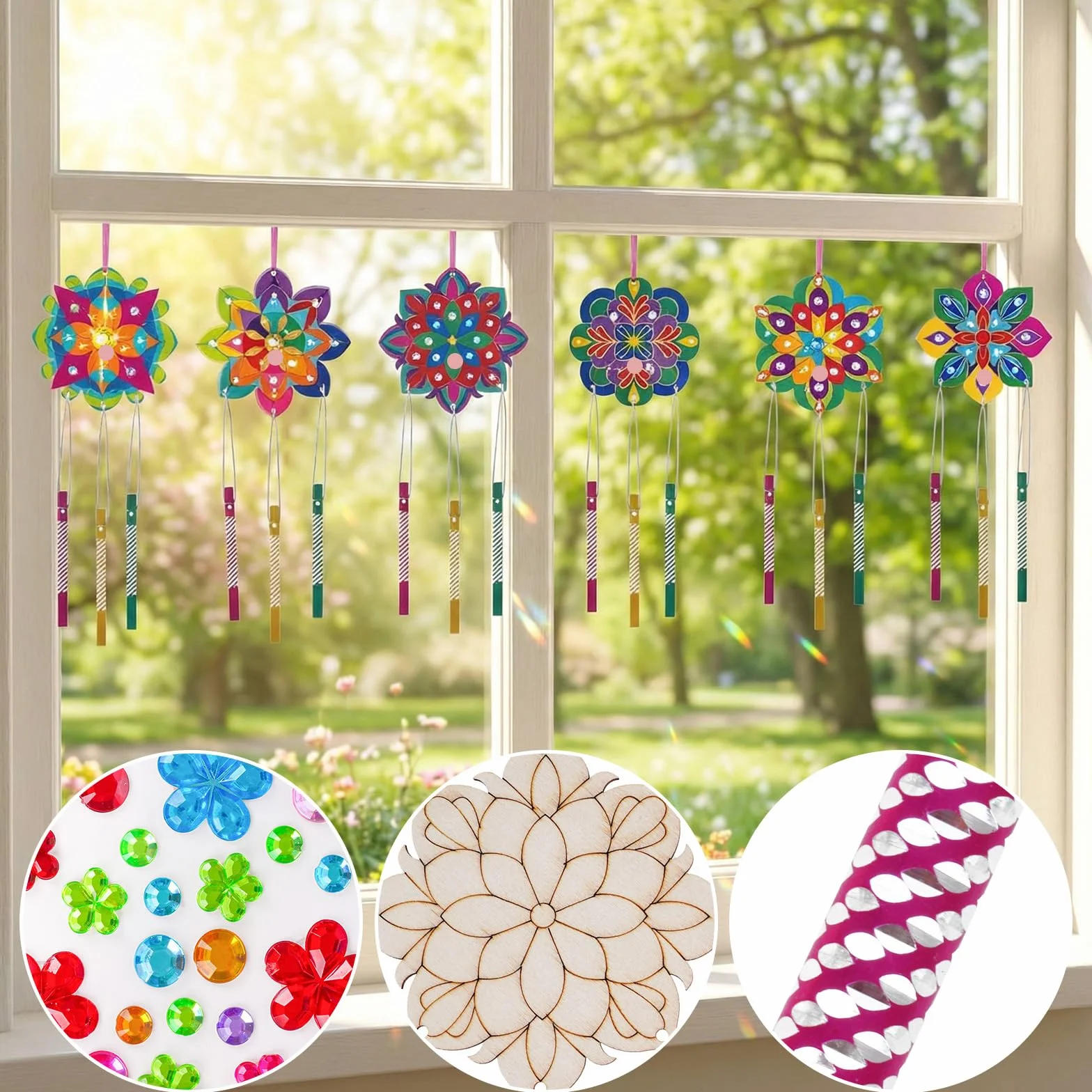 Carillons éoliens en bois pour enfants Mandala - Décoration de jardin - Lot de 10