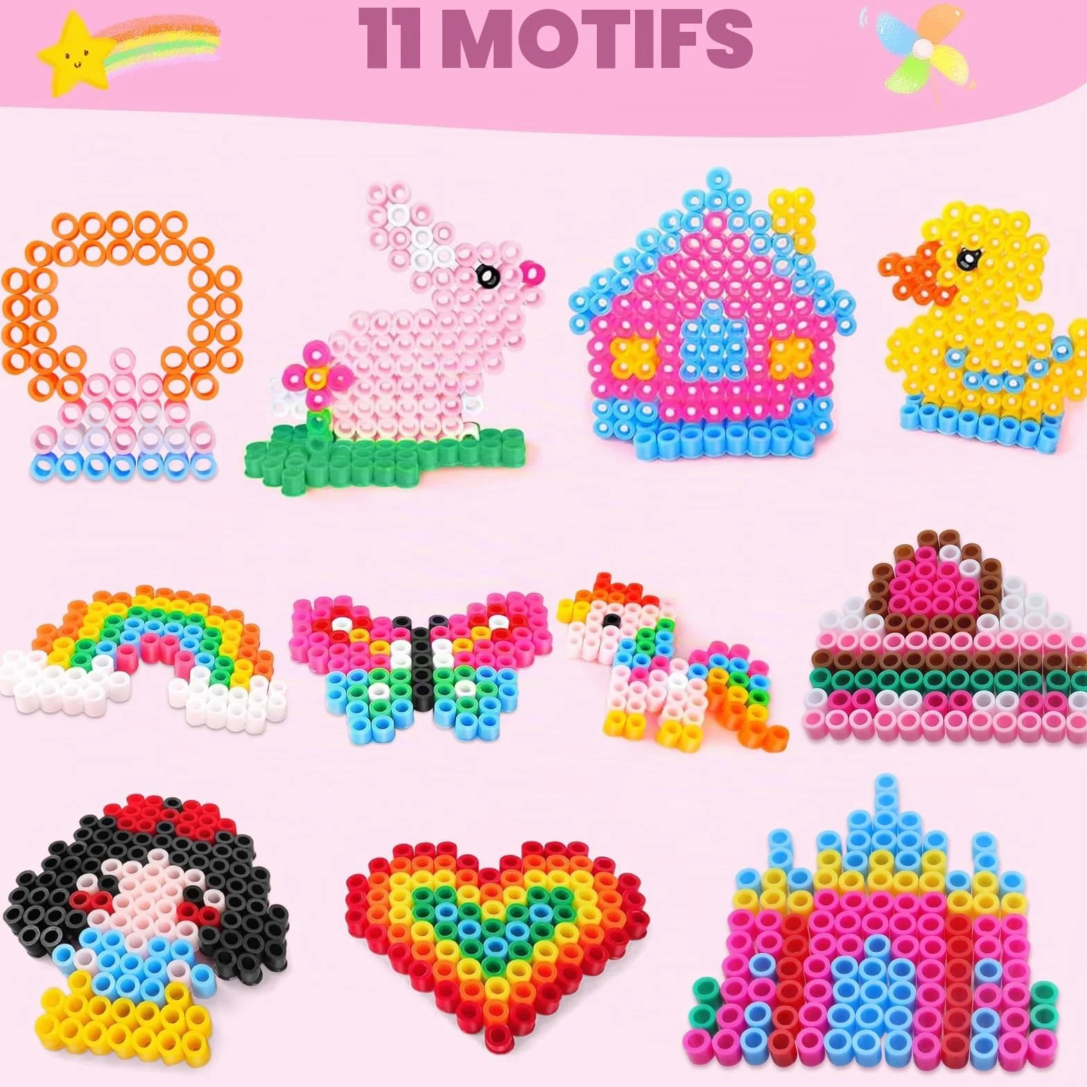 Perles à Repasser 10 mm Lot de 1200 avec Plaque Carrée et Motifs Créatifs pour Enfants