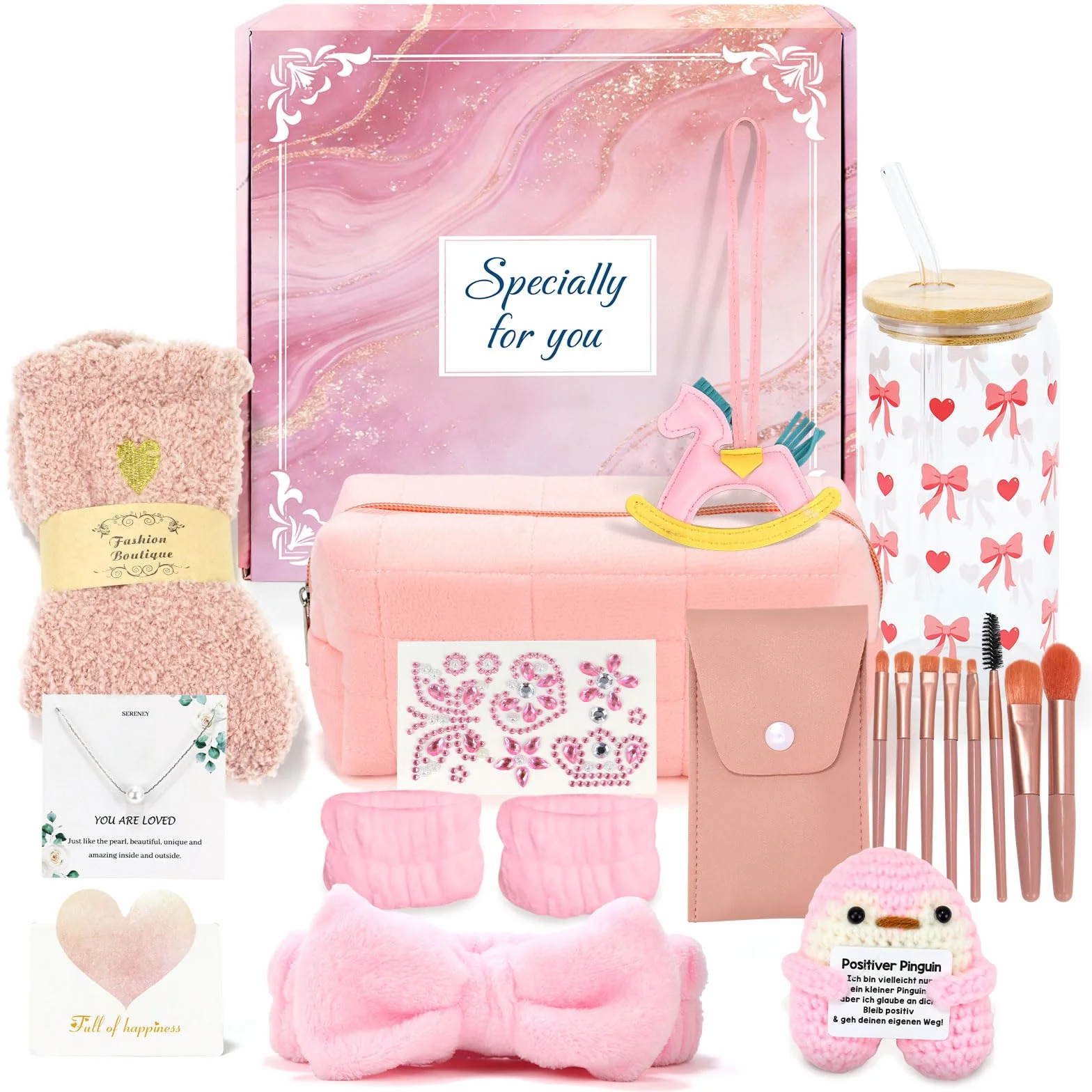 Tasse en Verre avec Couvercle et Pailles, Pinceaux de Maquillage, Trousse, Chaussettes, Bracelet, Bandeau pour Fille 9-15 Ans