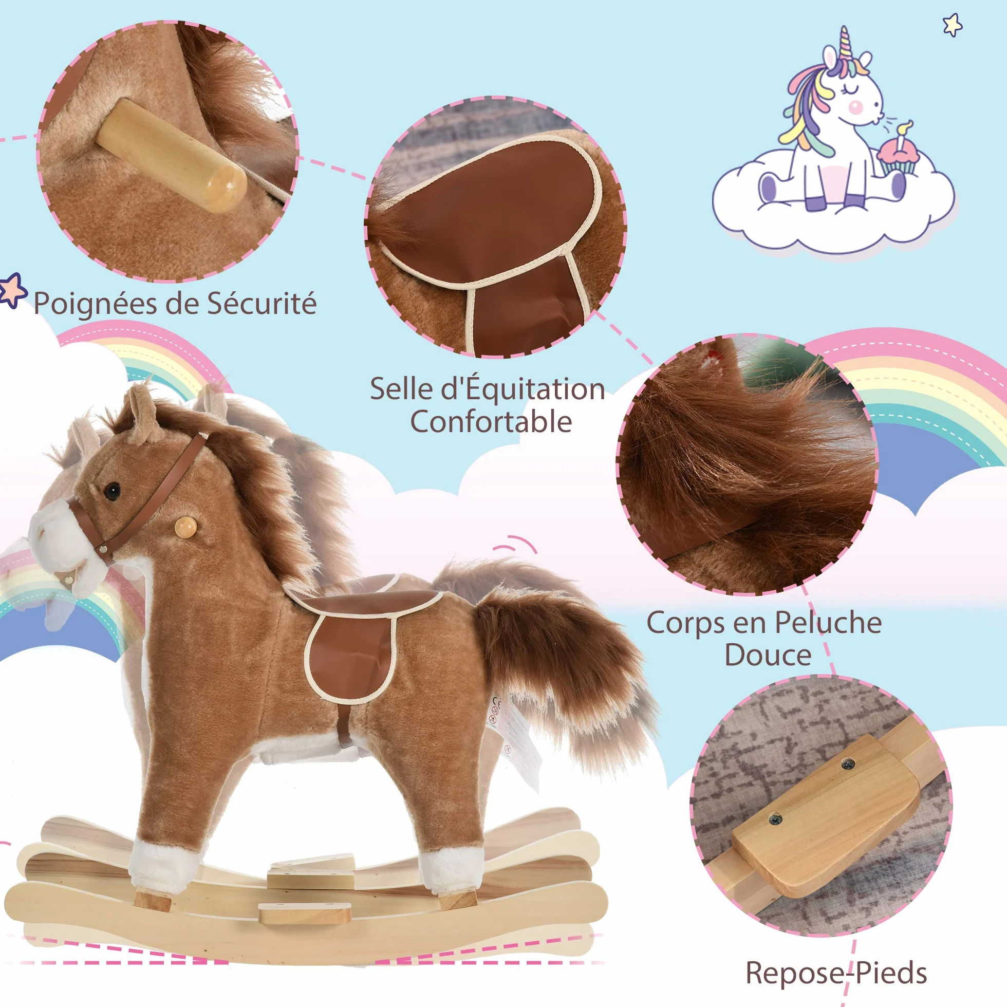 HOMCOM Cheval à Bascule Selle Grand Confort Peluche Bois Peuplier Brun 65x32,5x61 cm