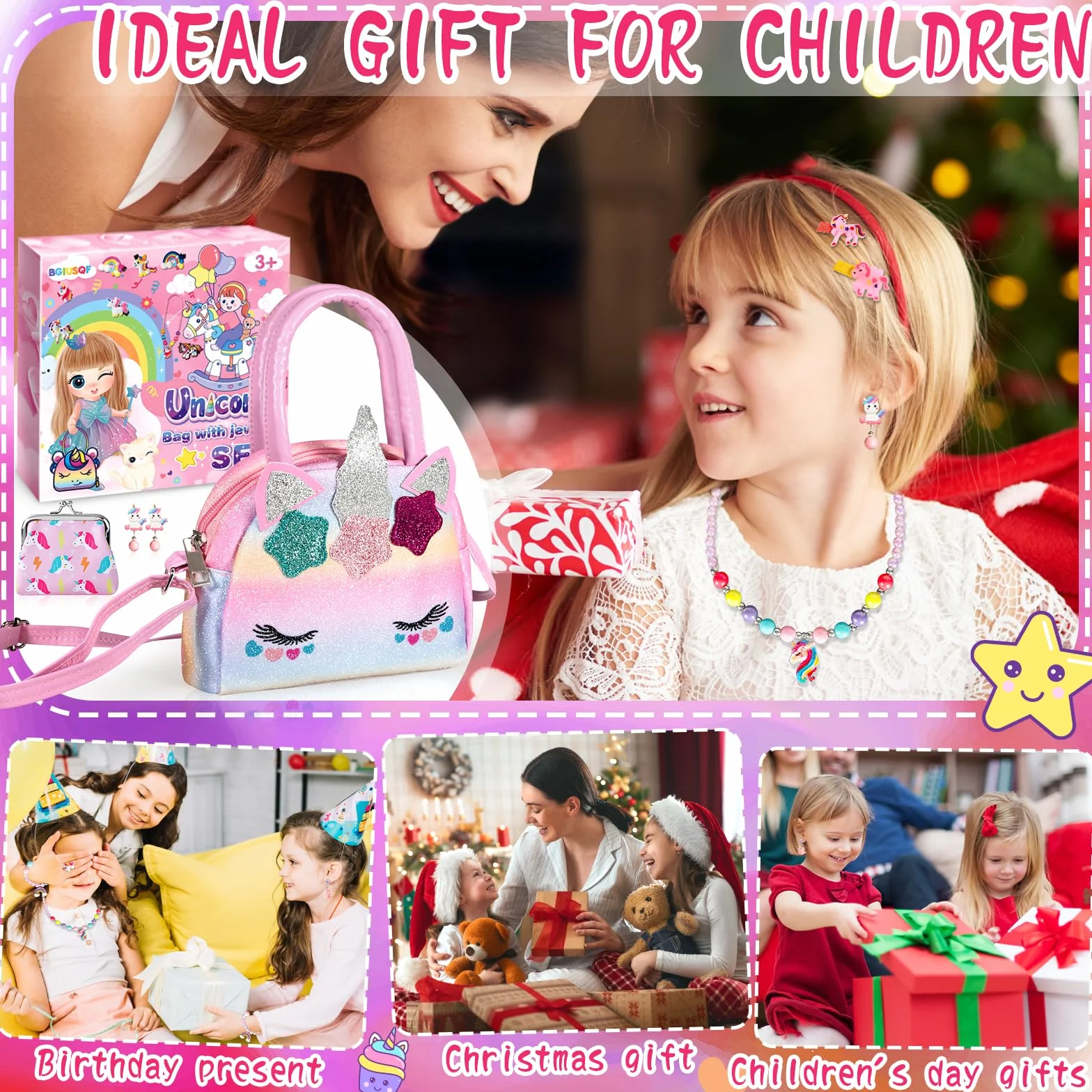 Licorne Sac à Main Bijoux Enfants Fille, Bagues, Boucles d'oreilles, Colliers, Bracelets, Épingles à Cheveux pour 1-6 Ans