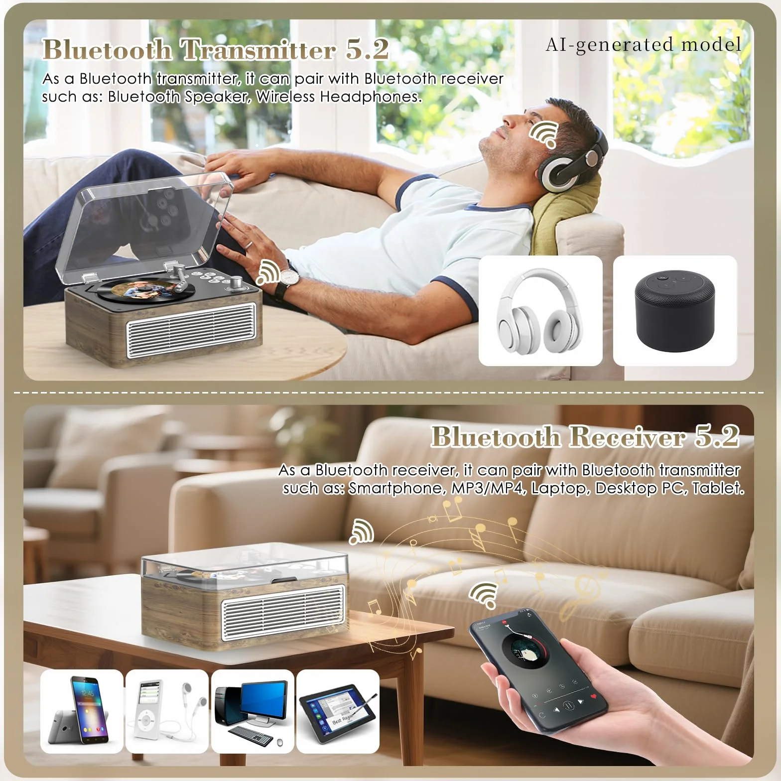 Lecteur CD Bluetooth Portable 3600mAh Rechargeable Vintage Bois de Chêne Radio FM avec Télécommande Prise USB AUX