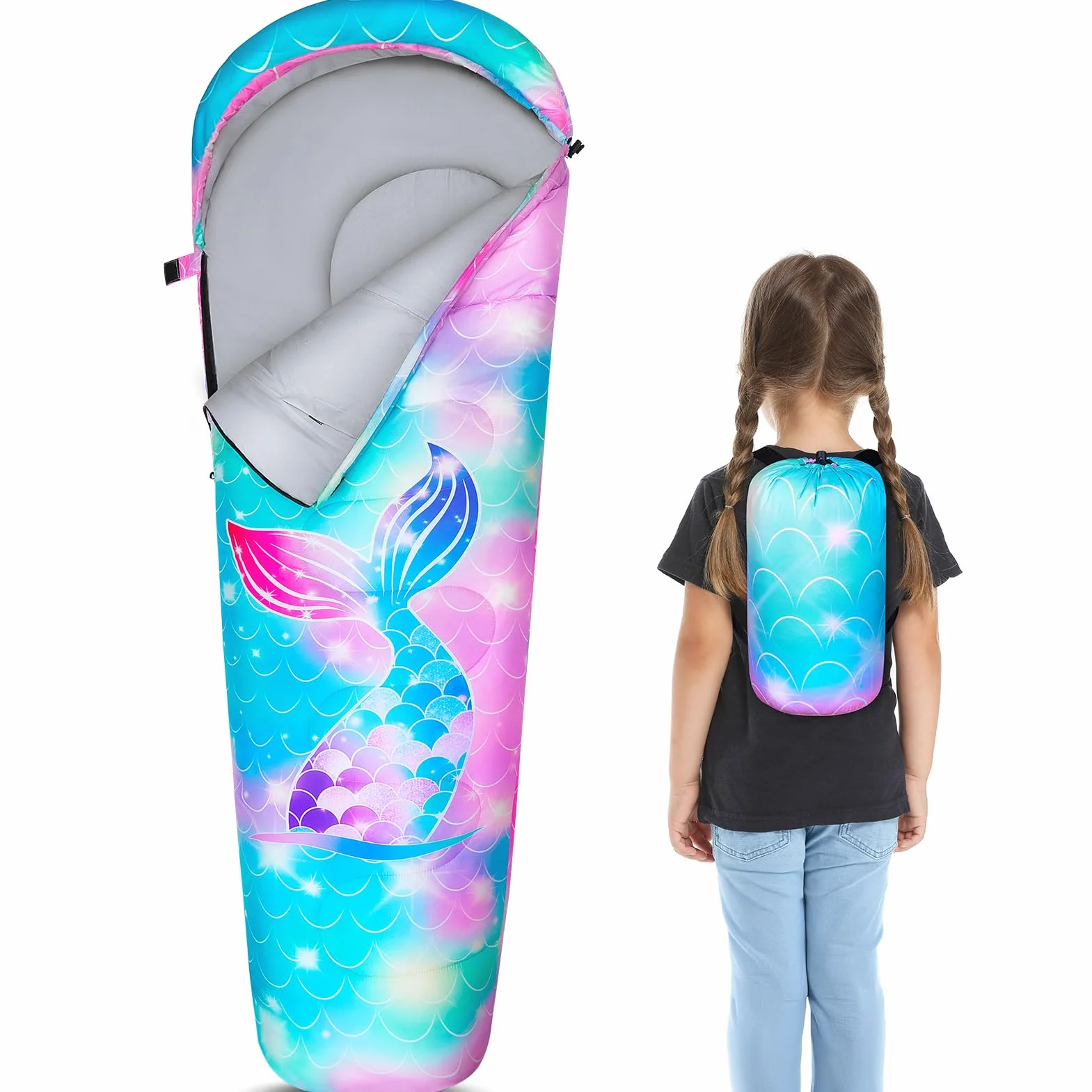 MHJY Sac de Couchage Enfant Mummie Camping Randonnée 3 Saisons Chaud Léger 1,1 kg 178cm