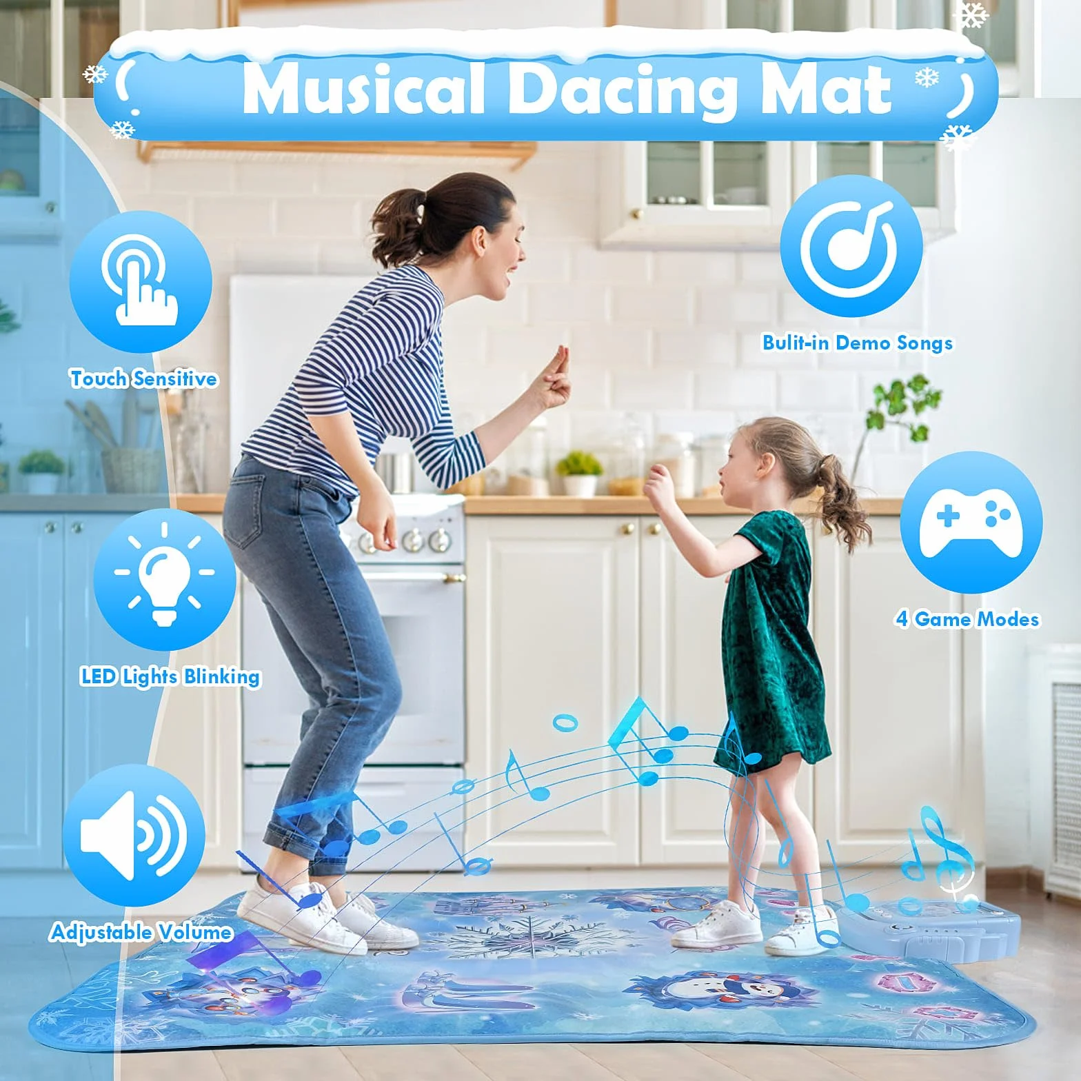 Euakee Tapis de Danse pour Enfants Bluetooth LED 6 Lumières 5 Modes de Jeu Musique Intégrée Bleu