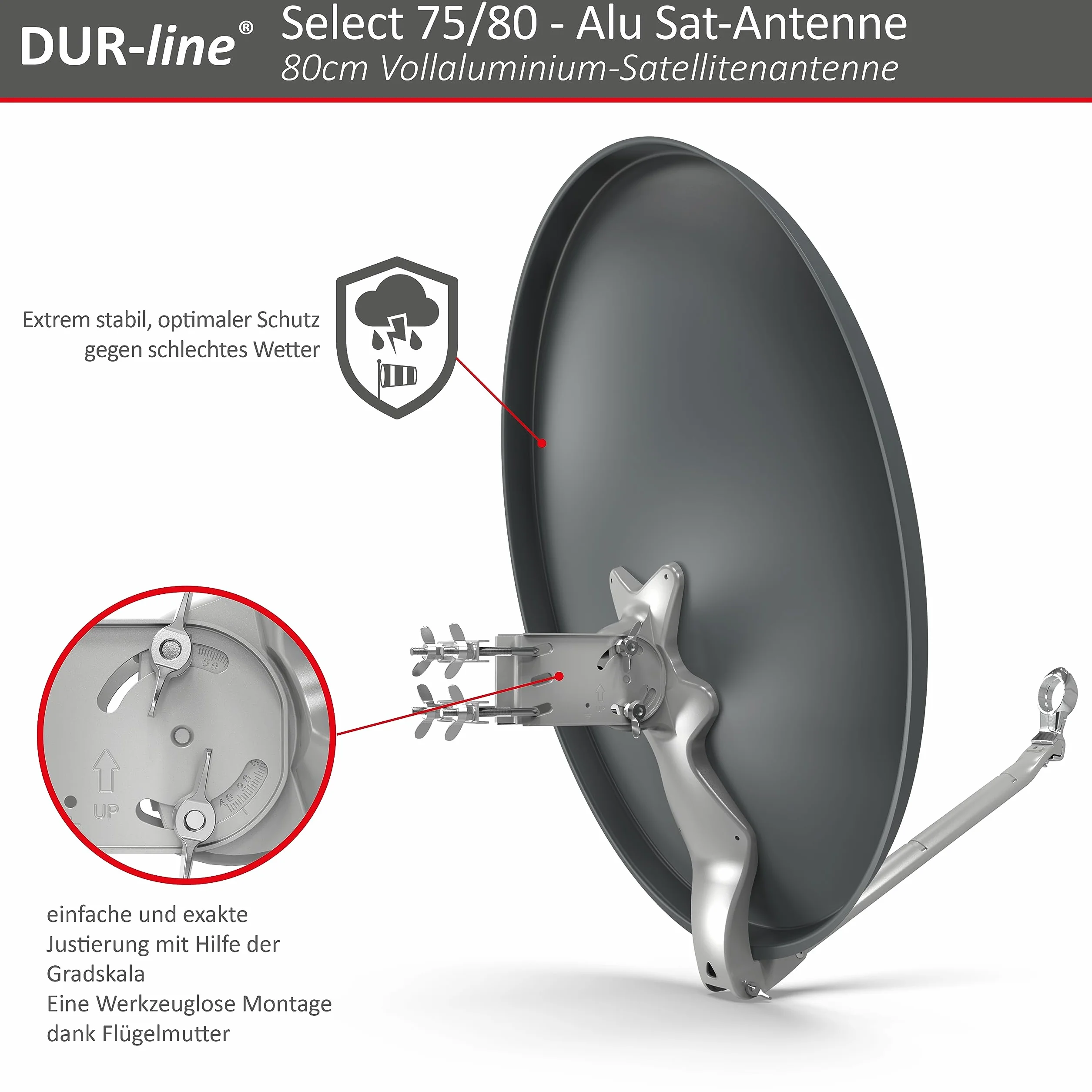 DUR-line Select Parabole Satellite 80 cm Aluminium Anthracite avec Support LNB Inoxydable