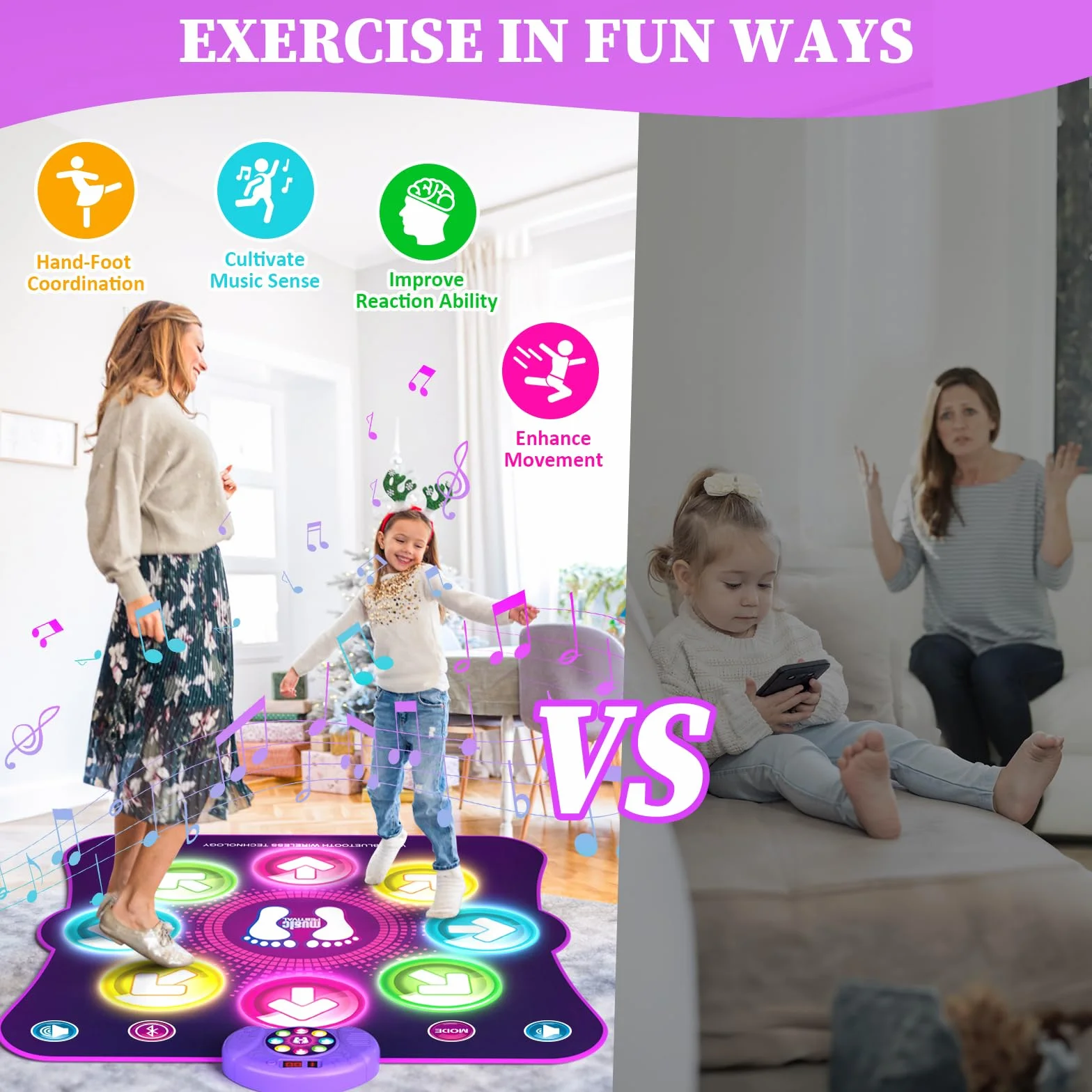Tapis de Danse pour Enfants LED Musique 8 Flèches Lumière 6 Modes de Jeu Batterie Cadeau Noël 3-12 Ans