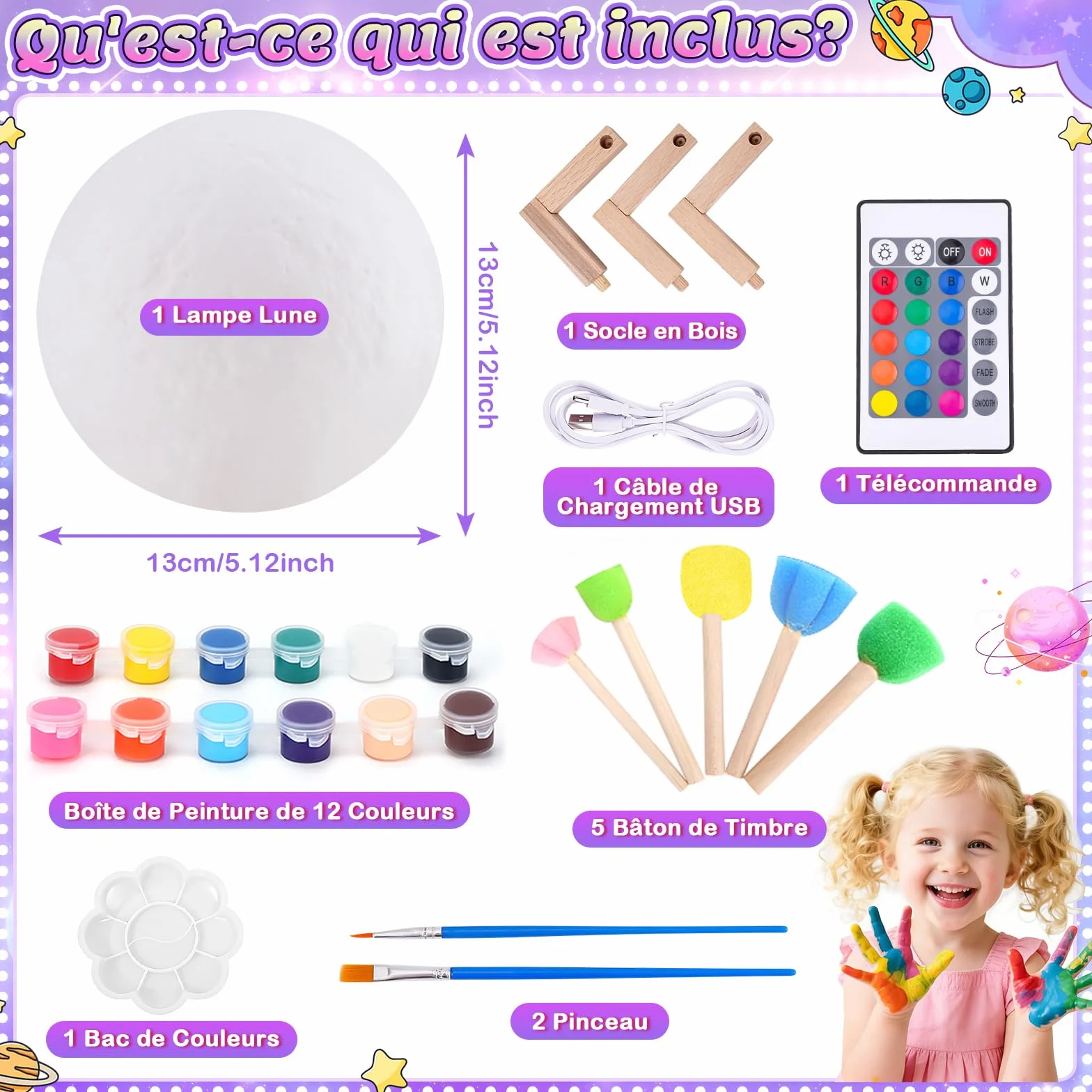 Kit Peinture Lampe Lune pour Enfant: Cadeau Anniversaire Fille 6-12 Ans Bricolage Veilleuse Deco Chambre