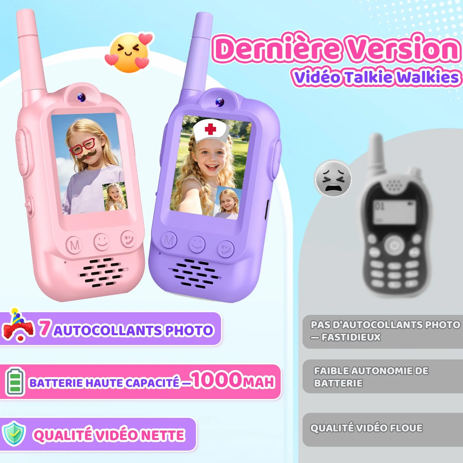 iKidiki Talkie Walkie Enfants Rechargeable, Cadeau Fille 3-8 Ans Video Jouet