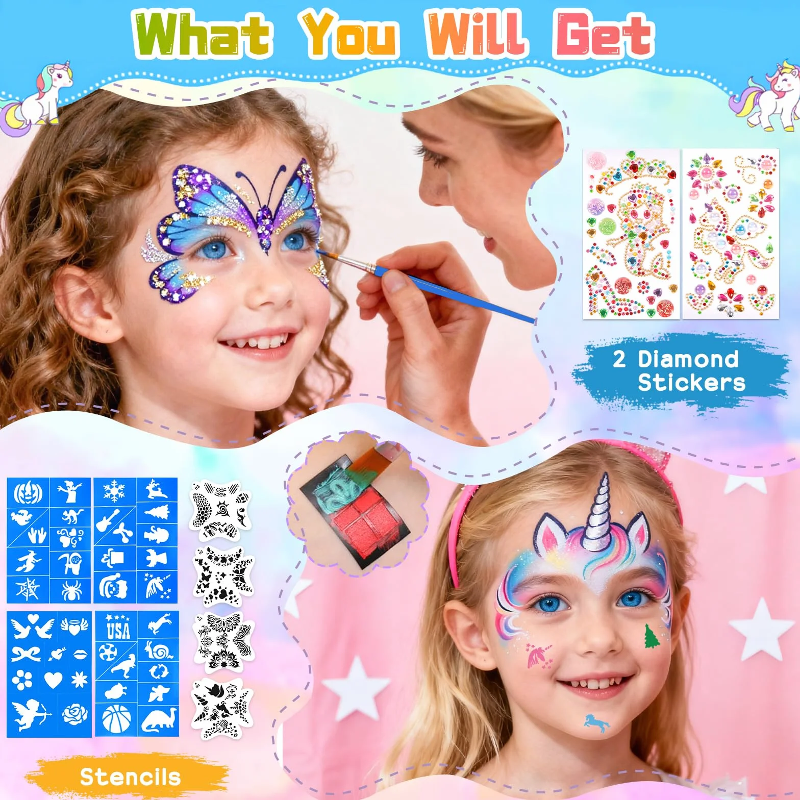 Peinture Corporelle Visage 26 Couleurs Palette Maquillage Enfant avec Pinceaux Pochoirs Autocollants Halloween Noël Carnaval