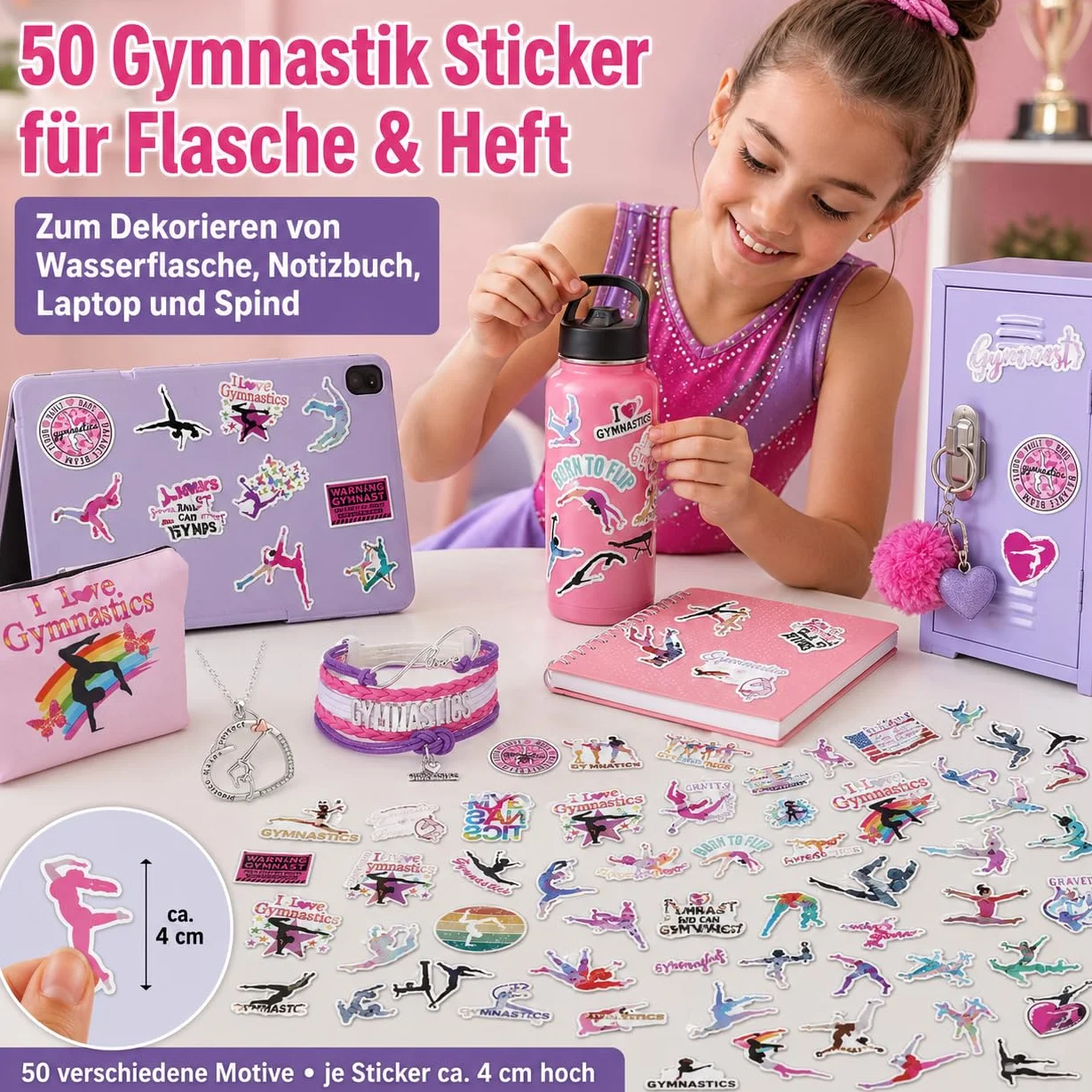 Ensemble d'accessoires de gymnastique pour fille – Bracelet, chaîne, trousse de maquillage et autocollant – Sac de gym