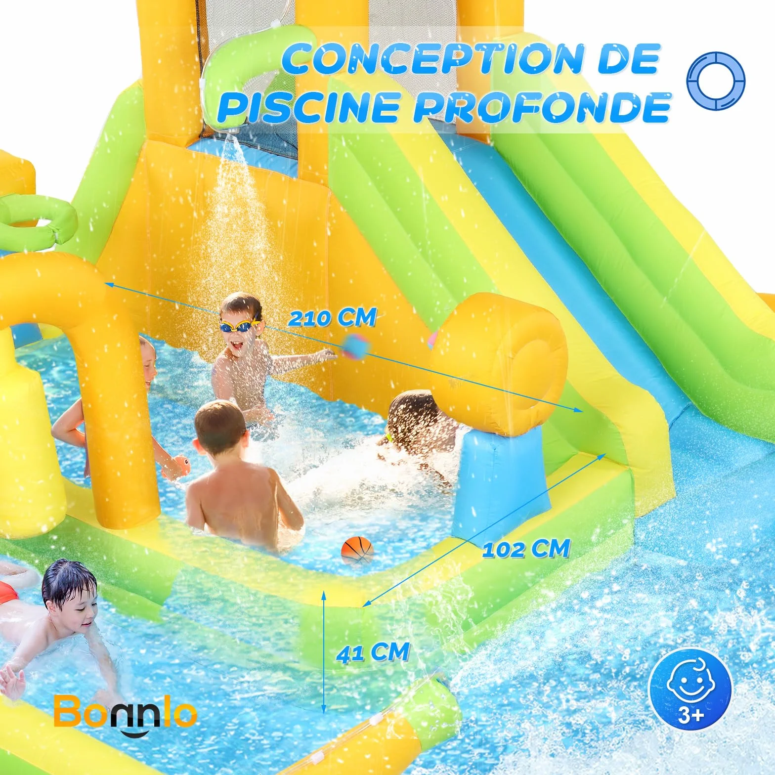 Bonnlo Chateau Gonflable Extérieur avec Piscine 450x300x180cm Toboggan Aquatique Enfant