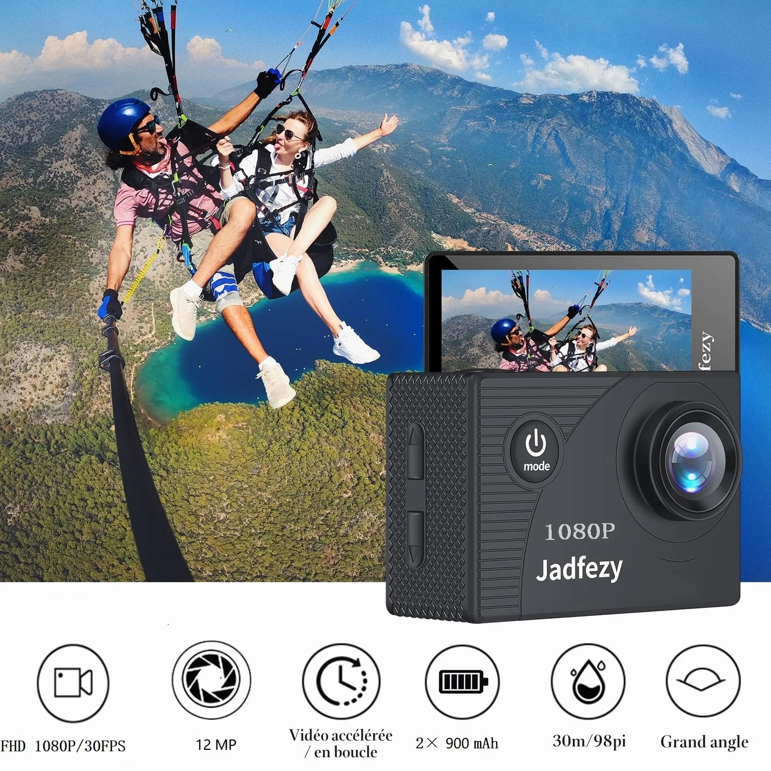 Caméra Sport 1080P FHD Étanche 30M Grand Angle avec Deux Piles Rechargeables 900 mAh et Kit d'Accessoires