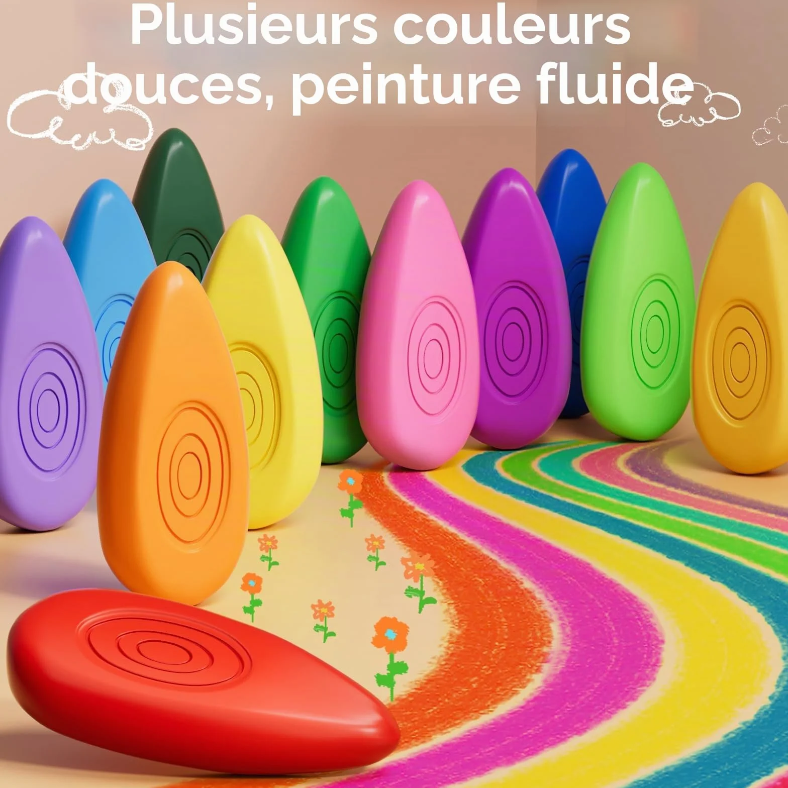 Four Candies Lot de 12 crayons à doigts non toxiques lavables forme goutte d'eau facile à saisir
