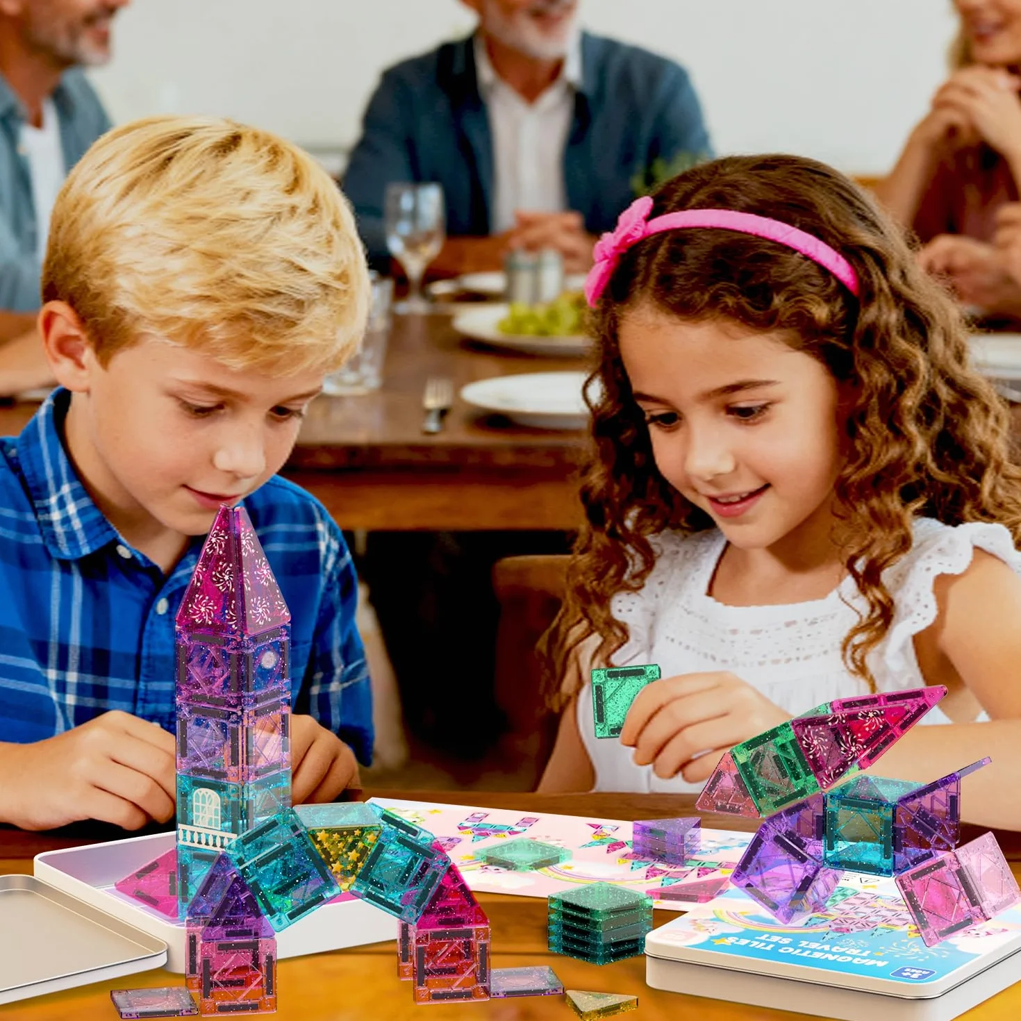 ACELIFE Lot de 60 blocs de construction magnétiques Montessori - Jouets magnétiques pour enfants - Kit de voyage STEM - Carreaux magnétiques portables