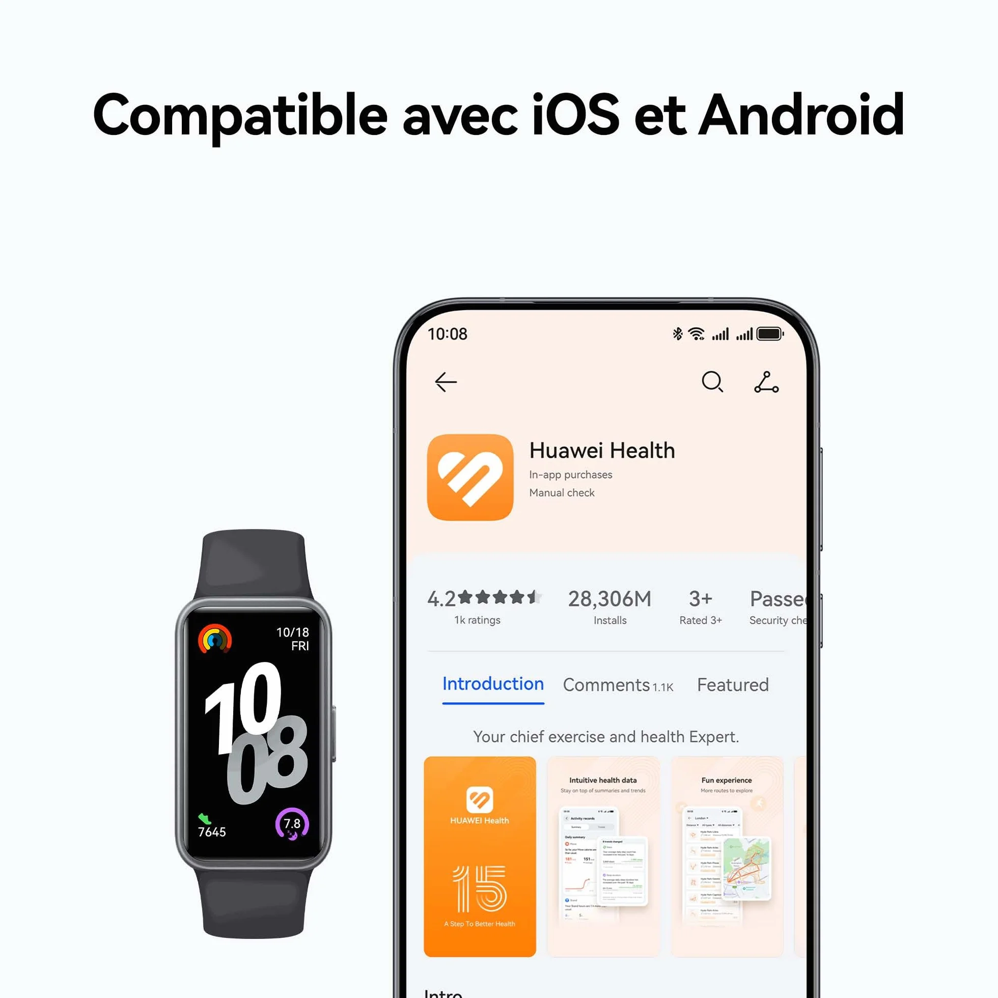 HUAWEI Band 10 Montre Connectée Surveillance Condition Physique IA Analyse Sommeil Professionnel VRC 14 Jours iOS Android Noir