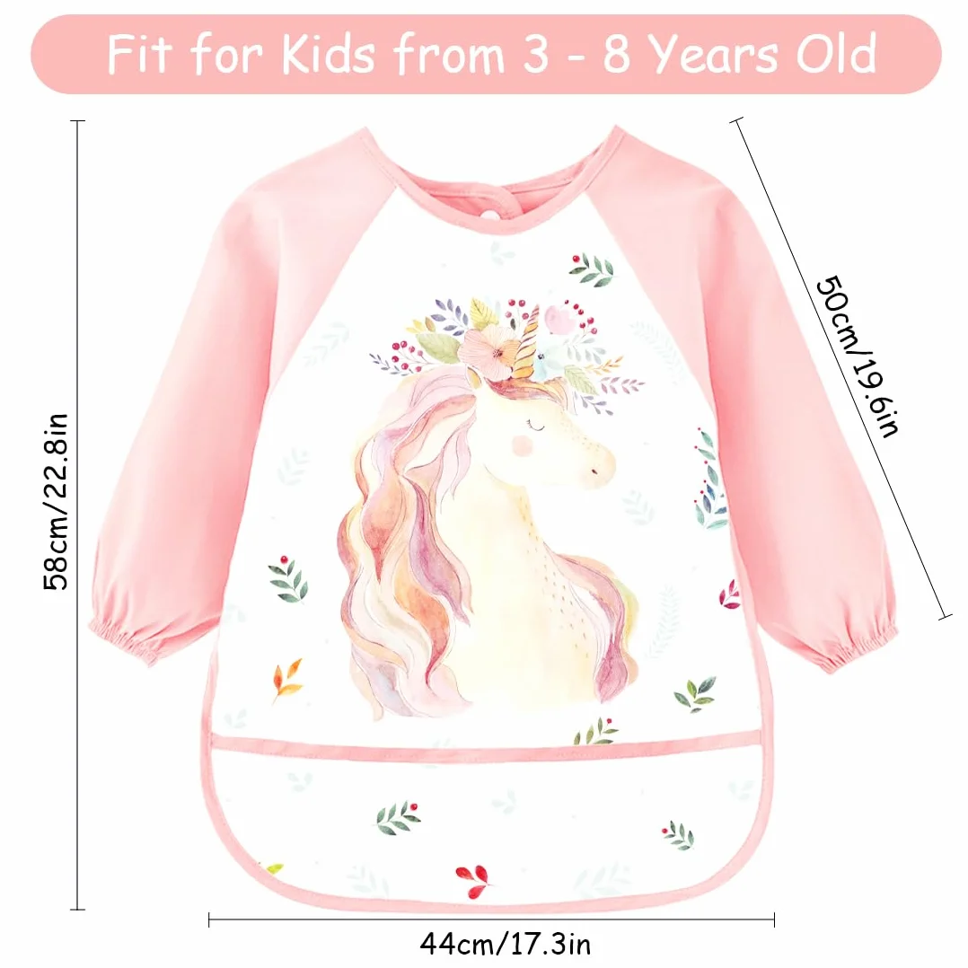 Tablier Peinture Enfant 3-8 Ans Imperméable Manches Longues 3 Poches Licorne Dino Animal