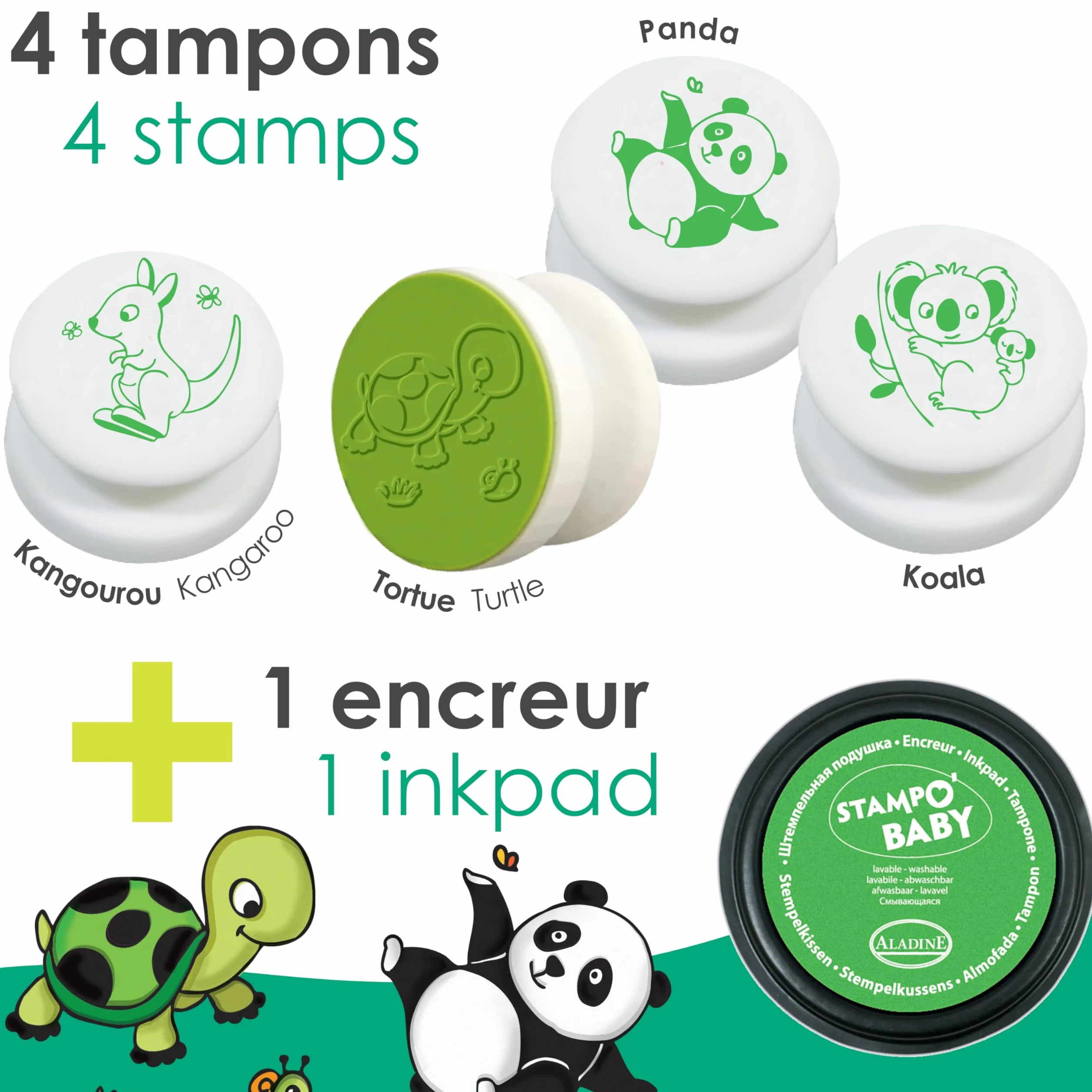 Aladine Stampo Baby 4 Tampons Animaux avec Encreur, Encre Lavable, Activité Manuelle Enfant 2 Ans