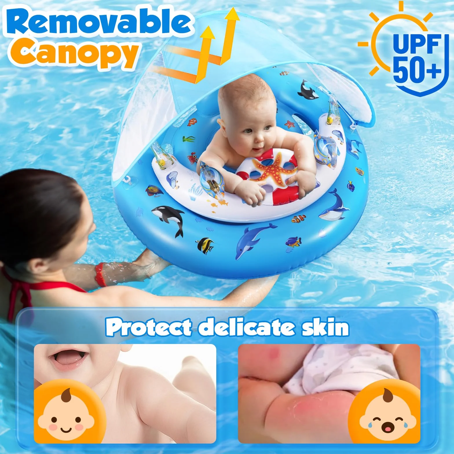 GLOPUS Bouée Bébé Piscine avec Pare Soleil UPF 50+ pour 6 à 36 Mois